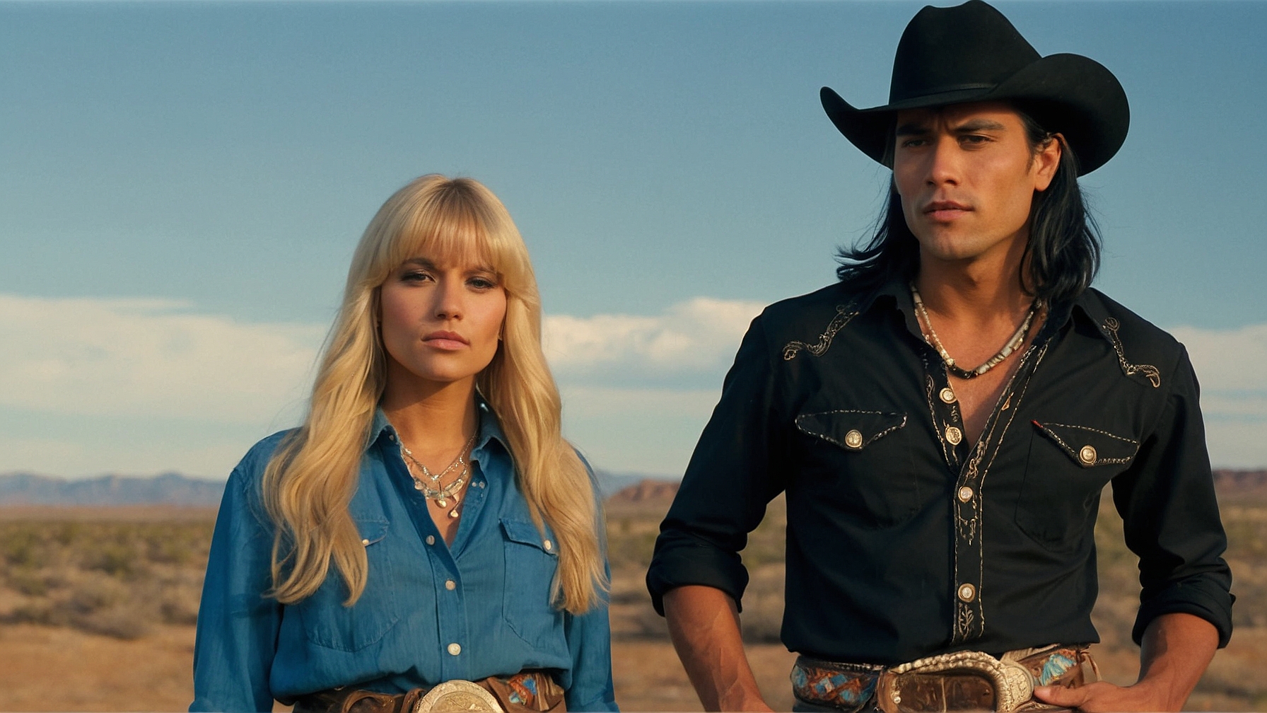 Stevie Pearl and Alex Nopah together. They're dressed in western wear and standing in the middle of of the desert.