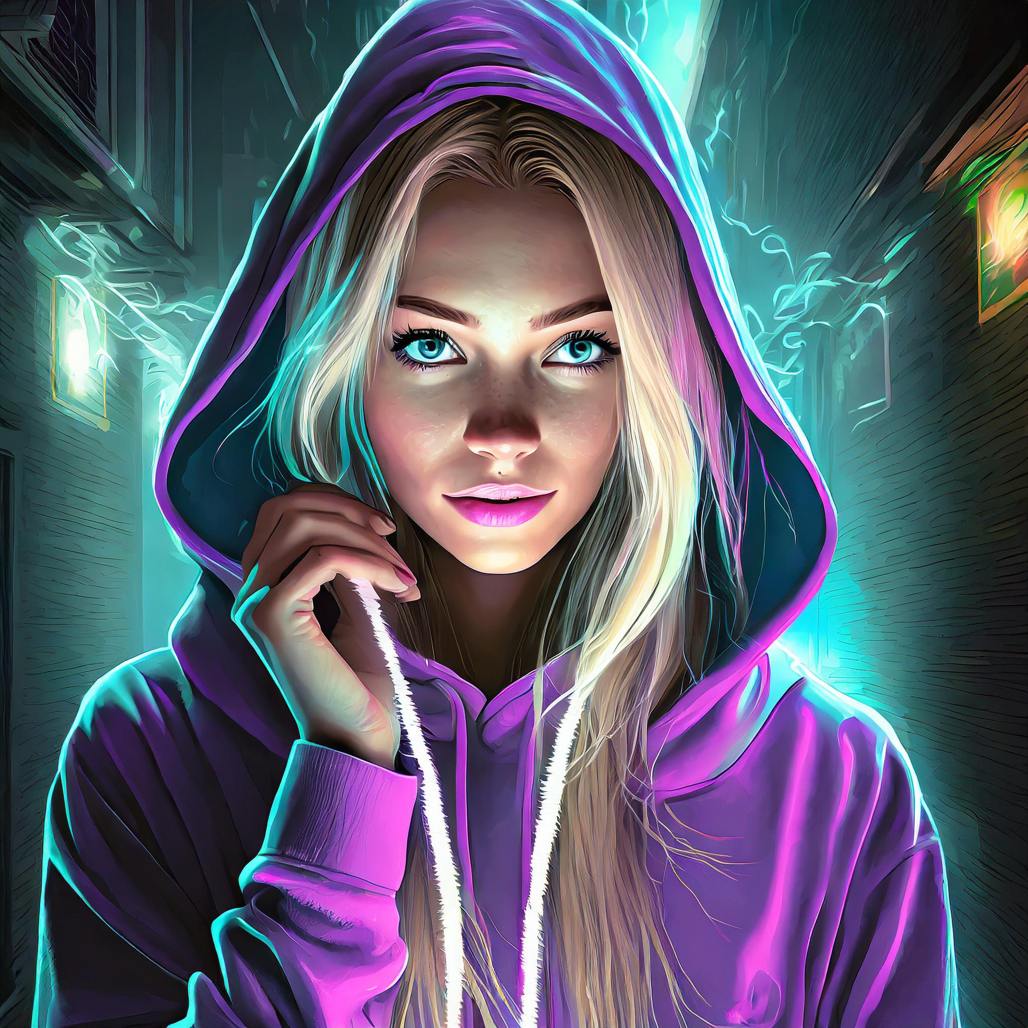 Stevie Pearl wearing a purple hoodie. She's twirling the white drawstring around her finger. She's walking down a dark alley at night.