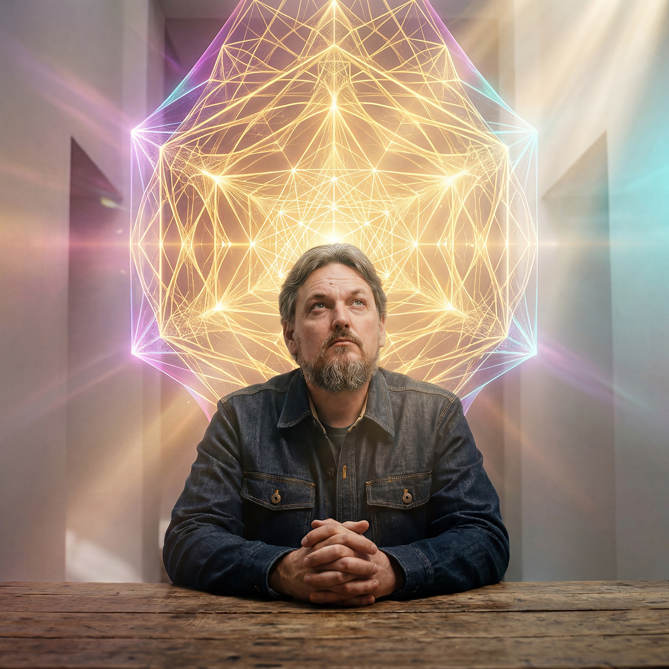 Portrait of Sean William Hammond with a luminous geometric structure of light expanding above and behind him. The image holds the dual nature of the work — a human face grounded in the present while the architecture of thought and synthetic collaboration radiates outward. It marks the site as the place where long theoretical attention met daily practice.