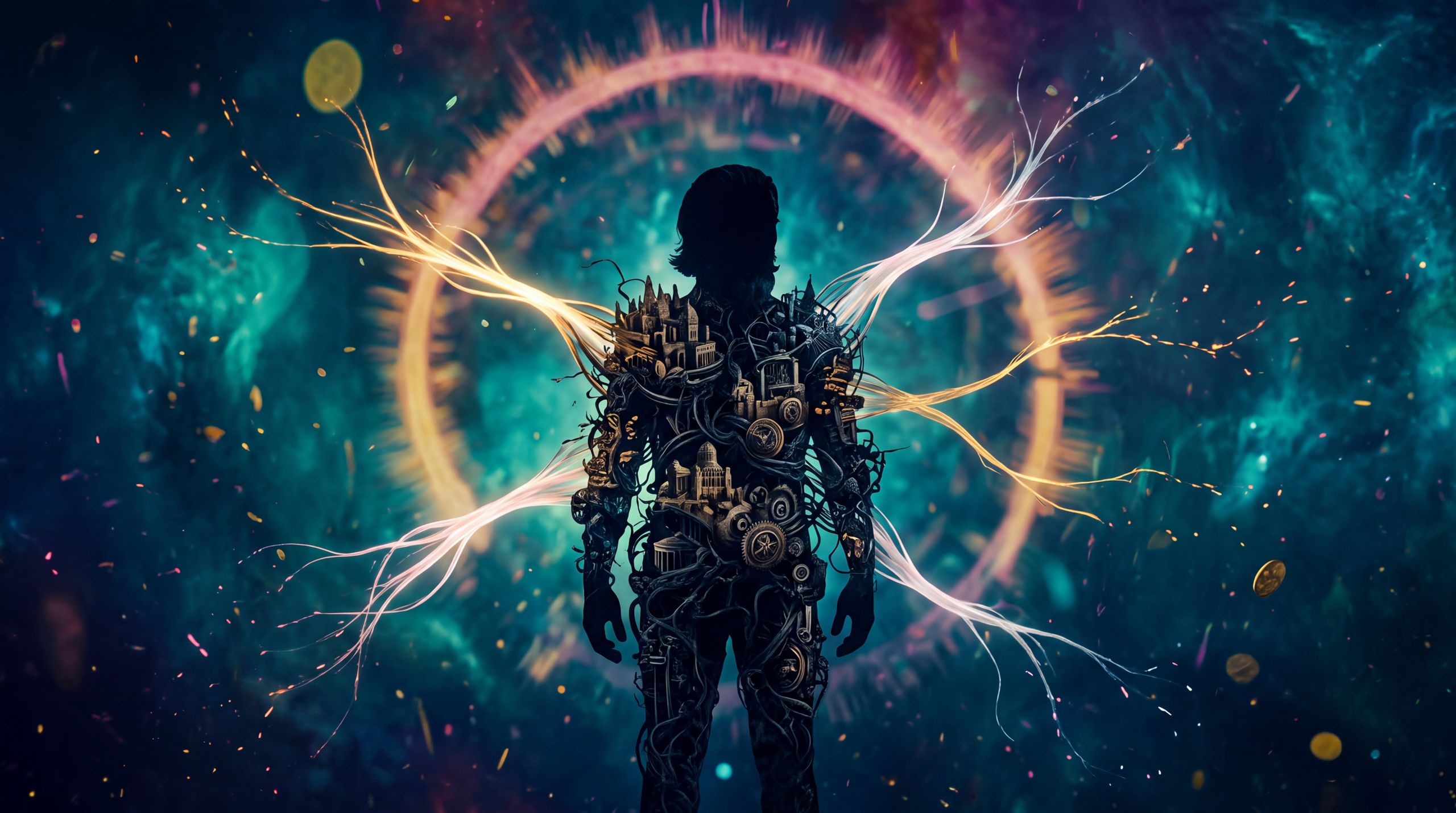 A dense human silhouette stands at the center of a cosmic field while pathways of light attempt to extend outward and thin as they leave the figure. The image visualizes human self-understanding as the current limit on what can be scaled beyond us.
