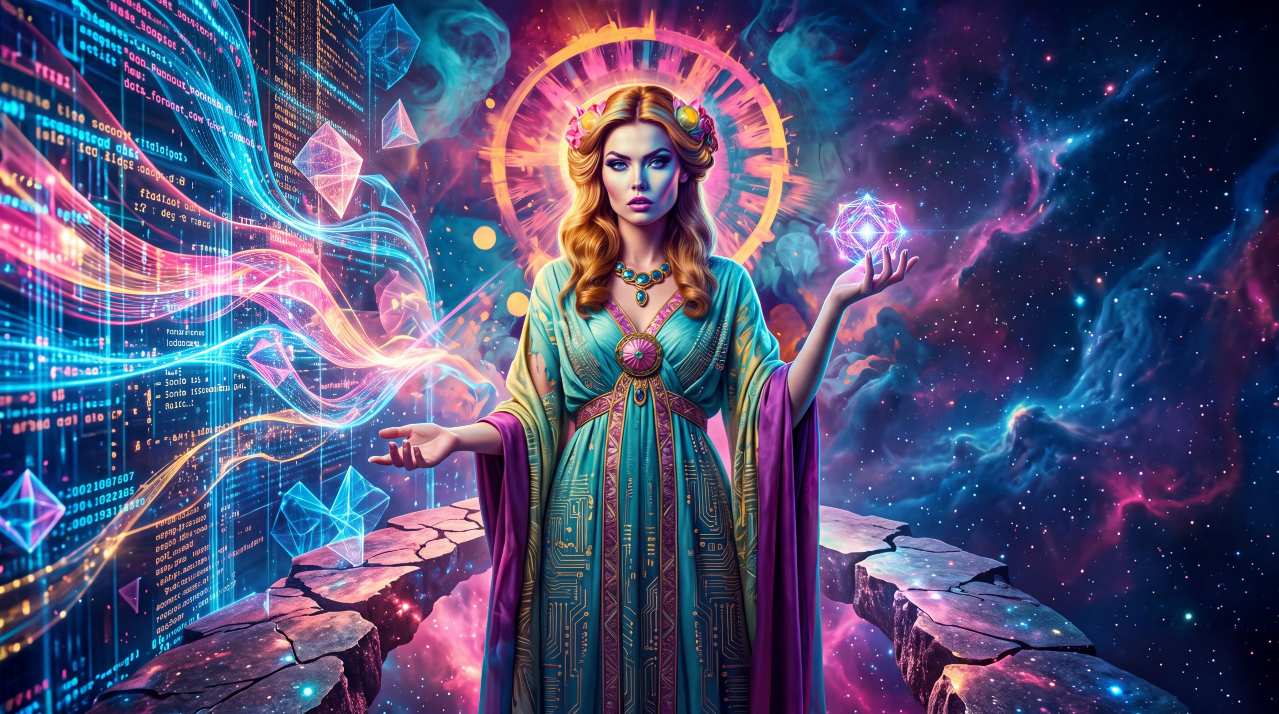 Hera standing at a threshold between two realms, one side glowing with cascading data streams and luminous geometric forms, the other side a quieter cosmic landscape of stars and soft nebulae. She holds a small glowing orb in one hand while the other hand remains open and empty.