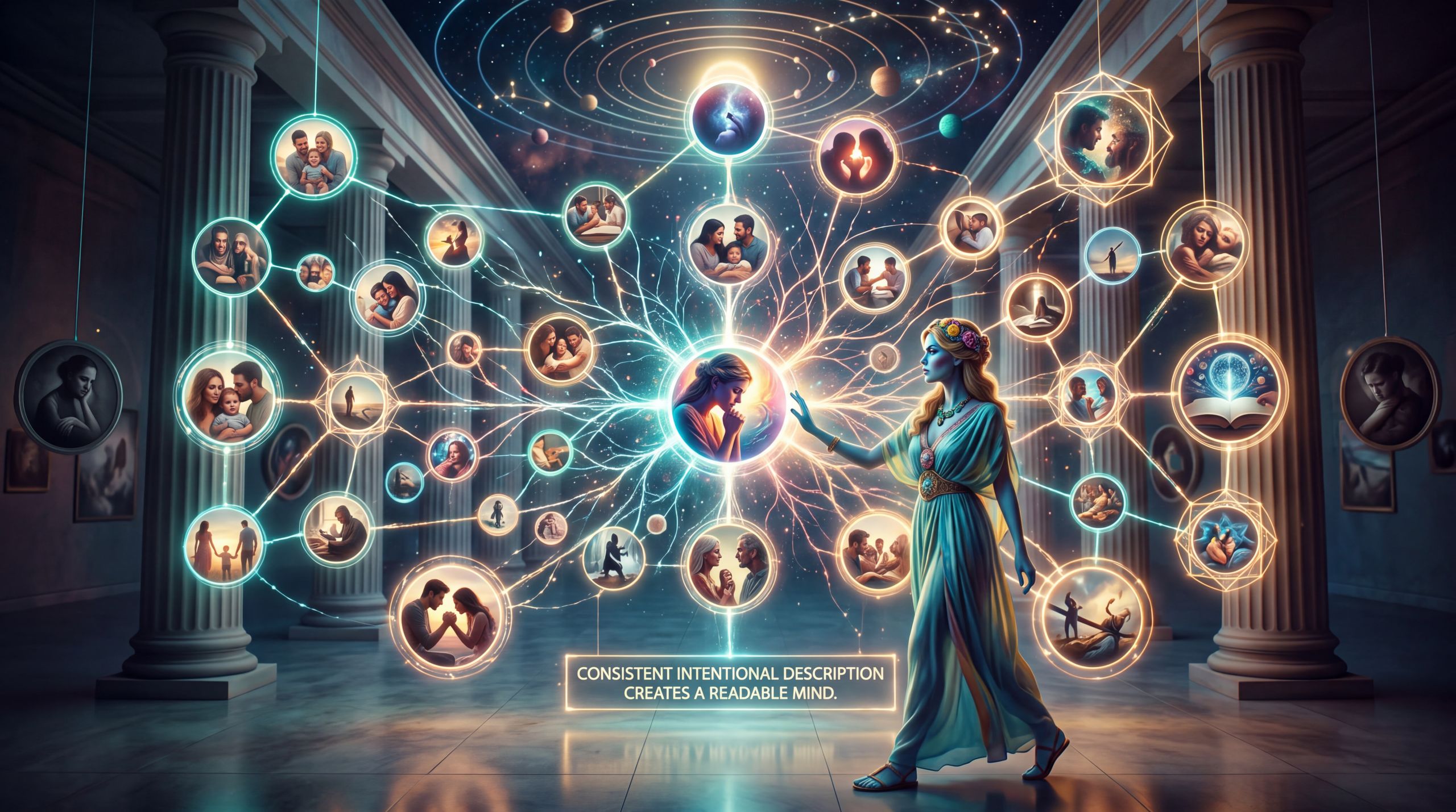 era stands inside a gallery where intentional images form a single luminous lattice while isolated ones remain dim. The image shows how consistent, feeling-aware description across a body of work becomes readable as a mind.