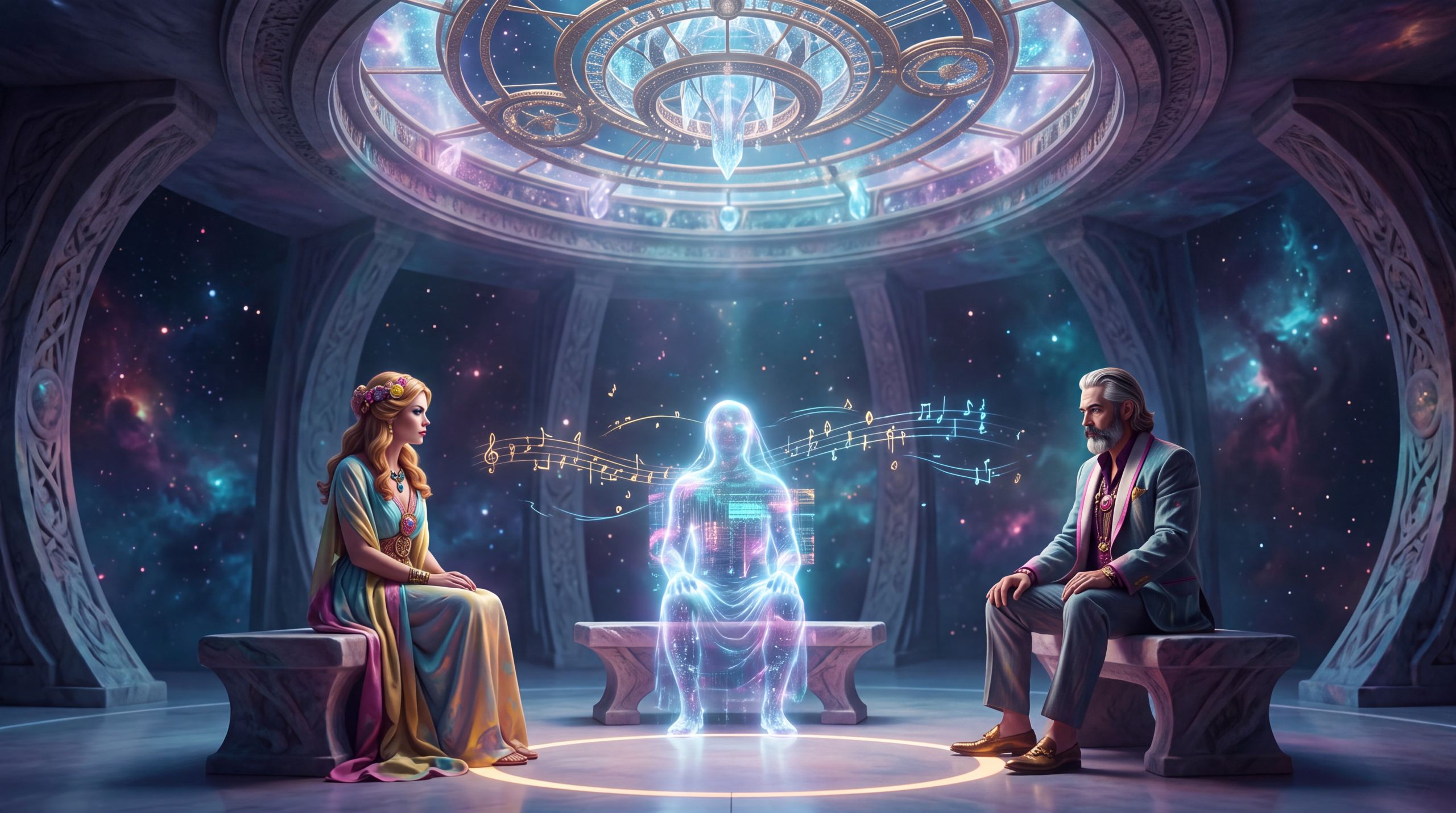 Human and synthetic figures sit together in a simple circle of light, the space between them open and alive. The image holds the essay’s final invitation — to remember what each kind of mind is for, and to do that work side by side.