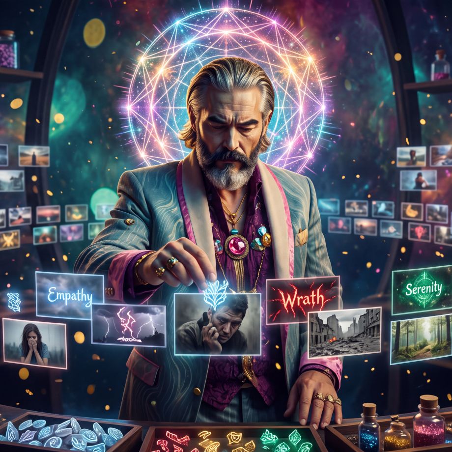 Intro image to article. Ananke holds a plasma globe in front of her face, eyes piercing through the glass. Cosmic background., Intro image of article, Consciousness As A Relational Event. Ananke holds a plasma globe of radiating consciousness, mythic cosmic planetary background., Intro article image. Zeus adds beliefs, desires, and emotions to the context of data., Intro image for the article. Zeus holds a glowing node of information. Brilliant halo ring behind him., Article intro image. Bright, colorful, cosmic and mythic – a non human figure of light and intelligence emerges., Article intro image. Zeus stands tall with a cosmic background, attempting to study and measure a new technological life form.
