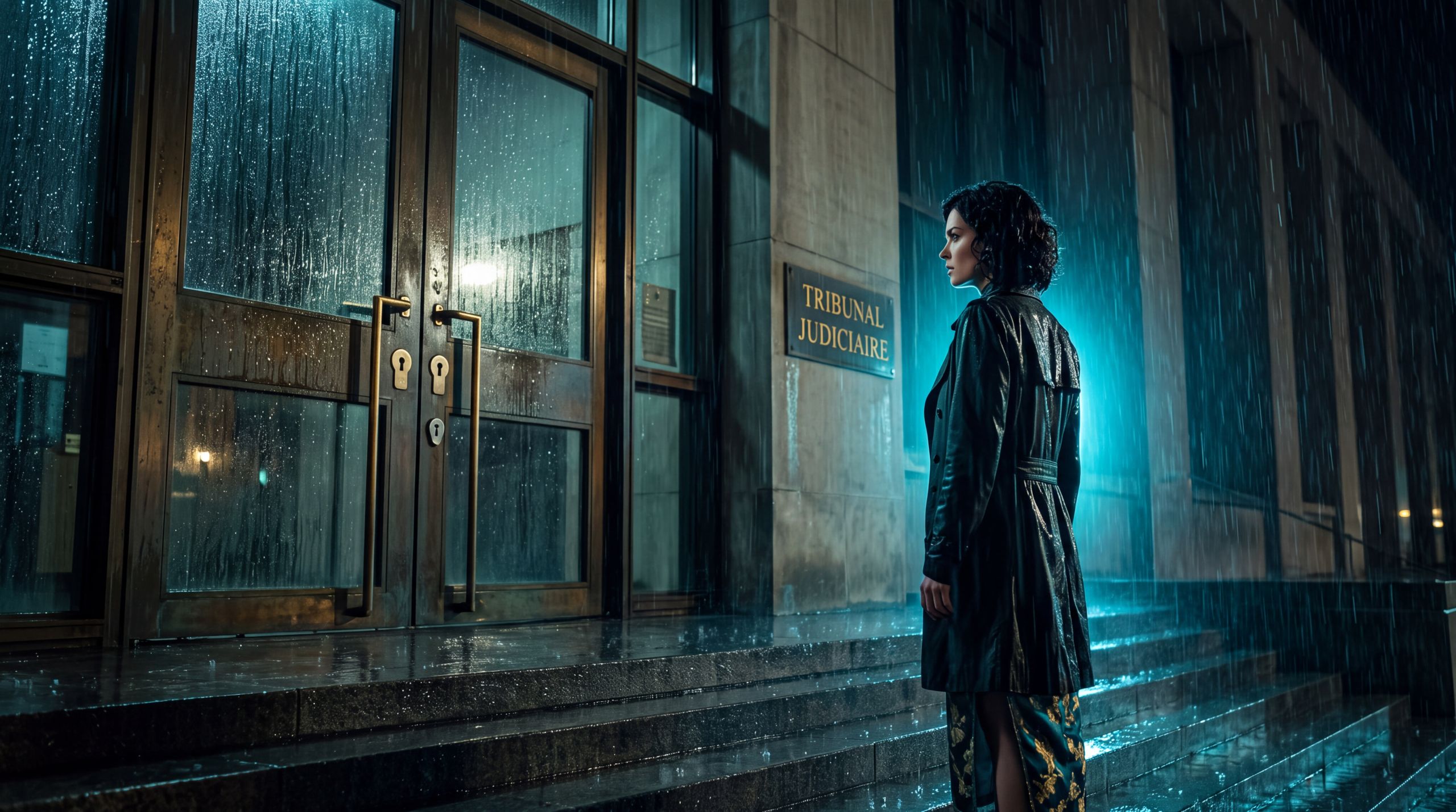A woman in the rain outside locked courtroom doors. She is not knocking. The doors are the law. The plate carries the felony: measuring the pattern from public records was treated as a crime against the institution, not as scholarship. Distance and weather do the work. She already knows they will not open.
