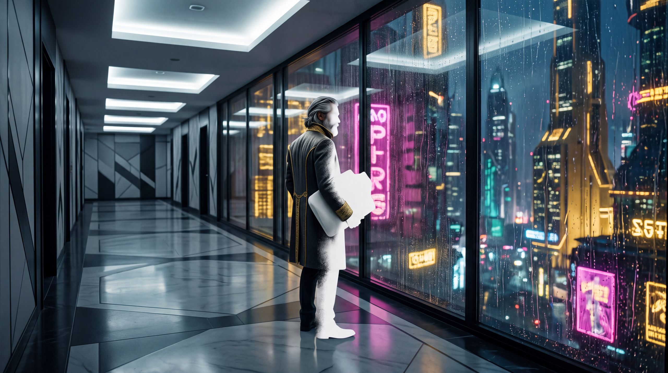 A grey-haired man in a high hotel corridor tries to wipe himself out of the frame. His edges go blank, the want scrubbed off his face, and where the blank is, nothing gathers. No filament, no answer. The city outside the glass is alive. The place he tried to become neutral is dead. The belief is that an emptied person is not an objective one. The desire is to close the escape hatch. The emotion is the chill of a beautiful absence that cannot instantiate anything.