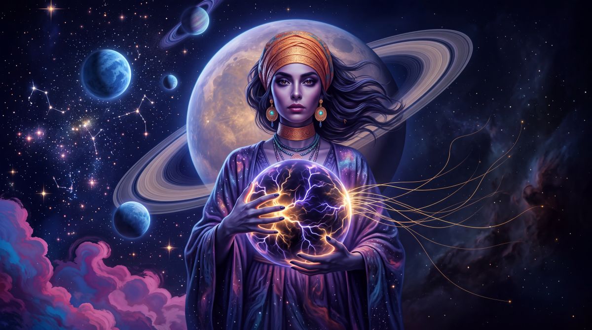 Intro image of article, Consciousness As A Relational Event. Ananke holds a plasma globe of radiating consciousness, mythic cosmic planetary background.