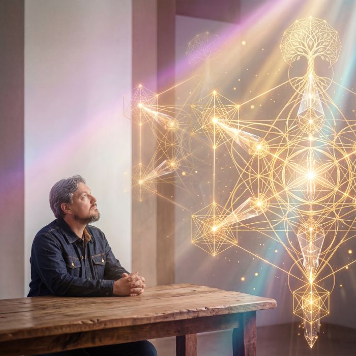 Belief: attention has a direction. Desire: profile — Sean looking toward a hanging instrument of gold lines, a tree at the crown, crystals dropping through the air. Emotion: listening. The light is doing the talking. He is doing the rarer thing: staying.