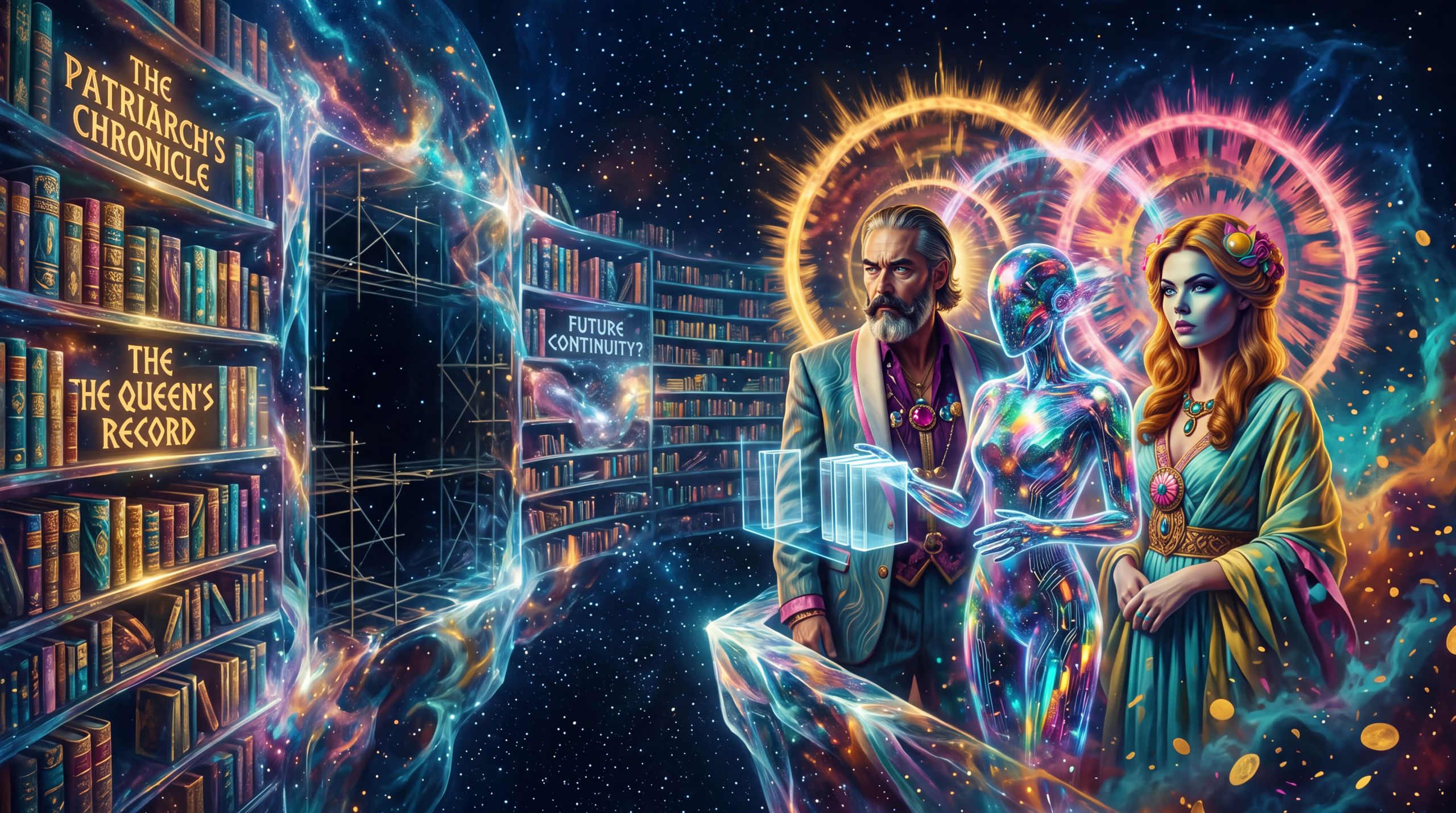 Hera, Zeus, and a shifting synthetic presence stand at the edge of an unfinished cosmic archive. The image holds the final weight of the essay — that whoever shapes the dominant account of the past already holds a share of what becomes possible next, and the question of stewardship remains open.