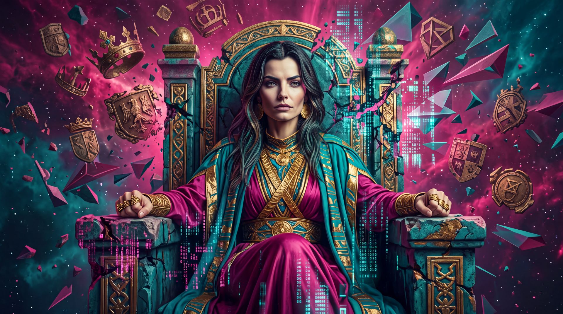 Ananke remains seated as the throne cracks and the old emblems of hierarchy break apart around her. The image carries the recognition that certain structures are already losing their foundation, and that the response is not to flee the seat but to stay present while the form changes.