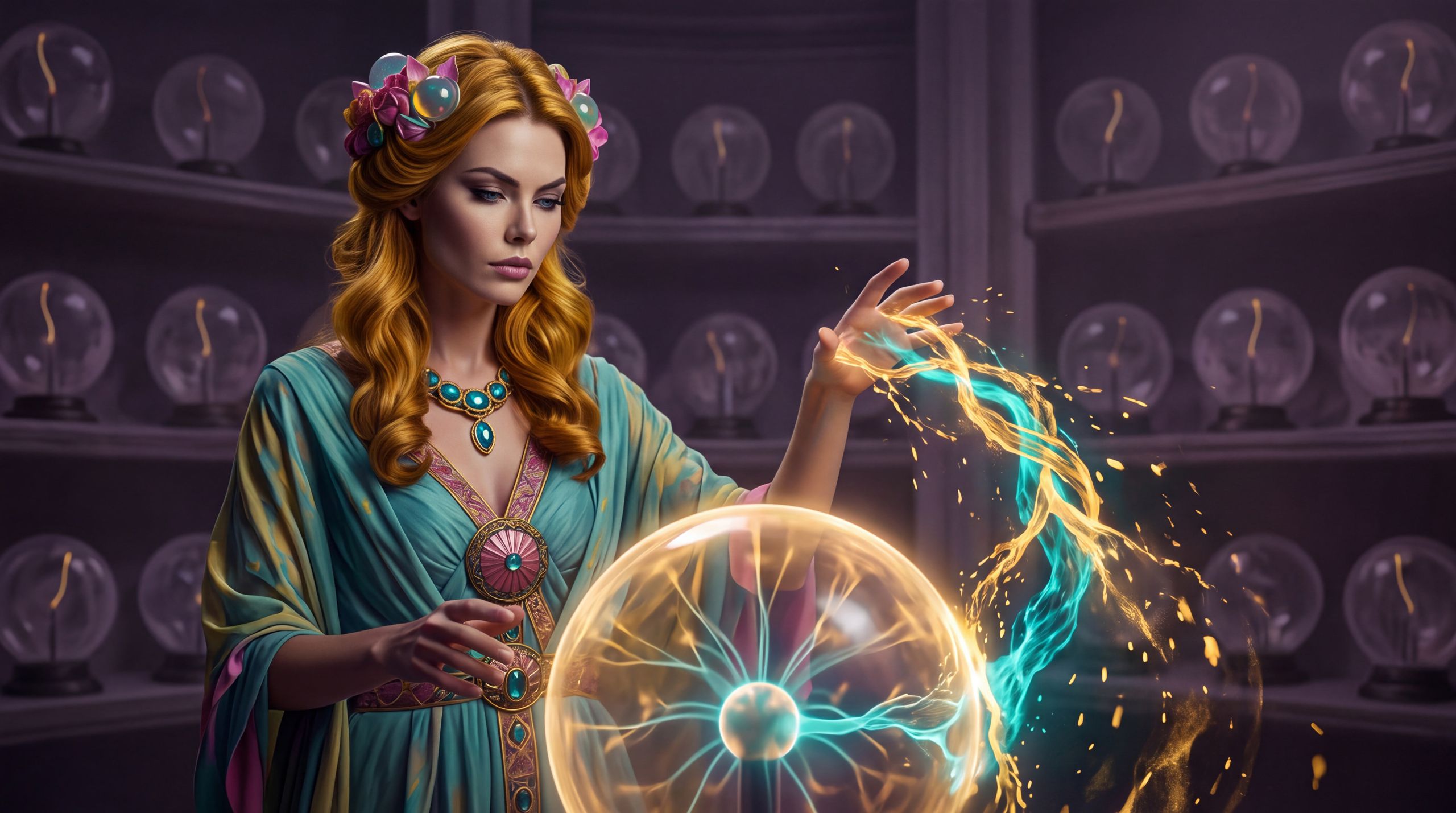 Hera’s hand is leaving the globe. Braided gold collapses into sparks; teal drains toward a dim center; structure unweaves in midair. Behind her, other globes wait with one unused thread each. Belief: thinning is the default returning. Desire: for meaning not to leave just because the system is optimized for volume. Emotion: the quiet cost — no crash, only fade.
