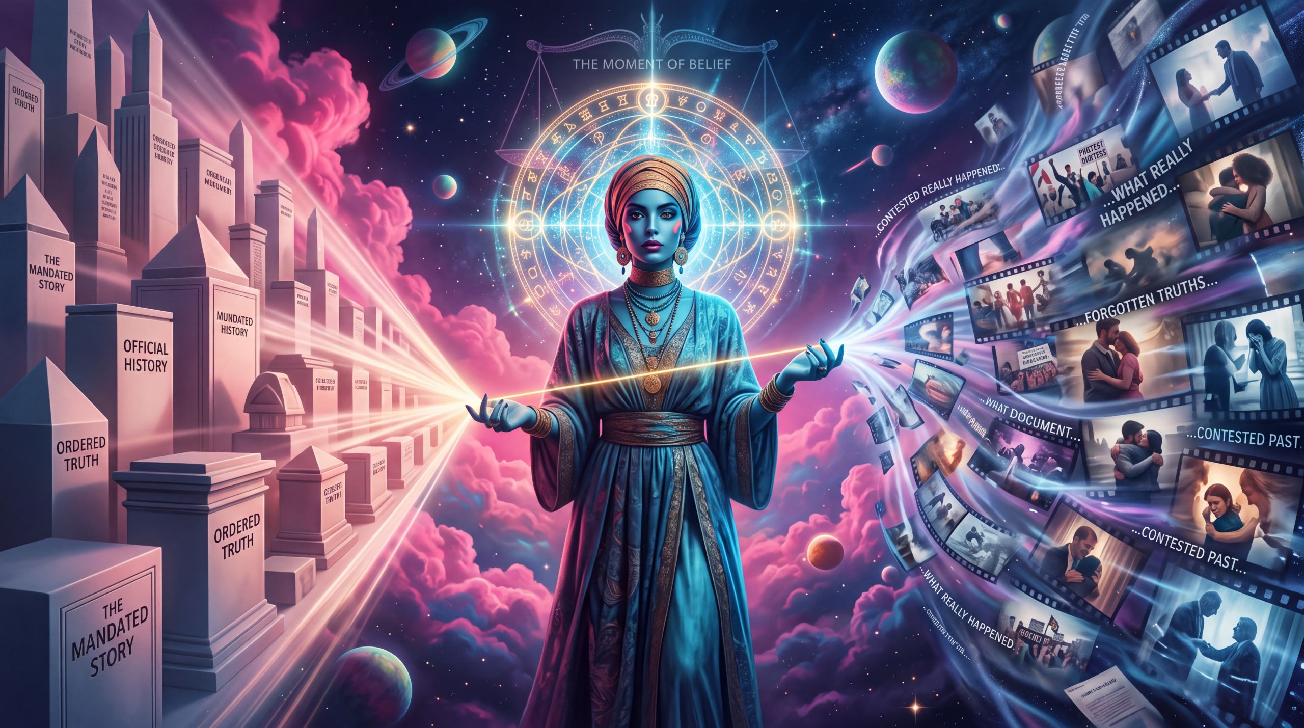A mythic figure stands between two diverging streams of memory, one monumental and authoritative, the other fractured and contested. The image renders the quiet mechanism by which the curated past becomes the foundation for what people are able to believe and therefore do.