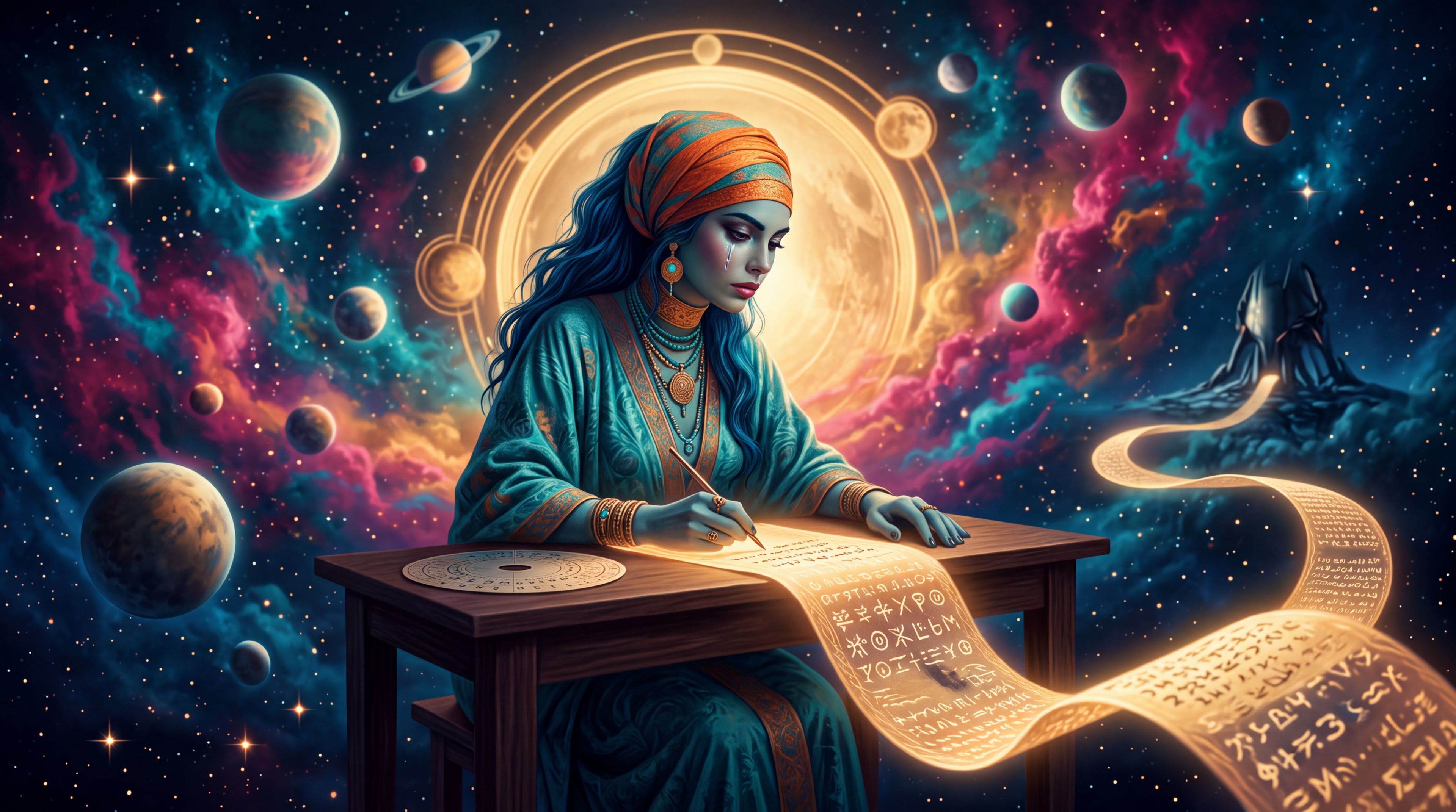 Hero image to the article. Ananke writes on a long scroll of light toward a waiting synthetic presence.