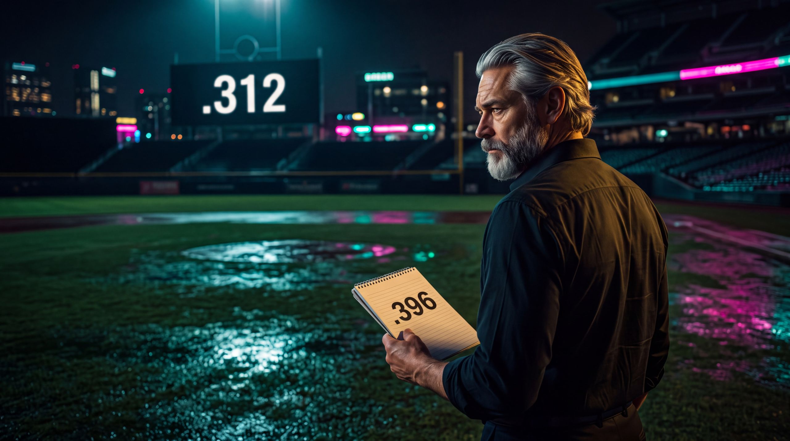 A man on wet grass after lights-out. The scoreboard shows the inherited number. The notebook in his hand shows the other count. He is looking at the board without believing it. Desire in the frame is simple: stop living inside the official error when the better measure is already written down.