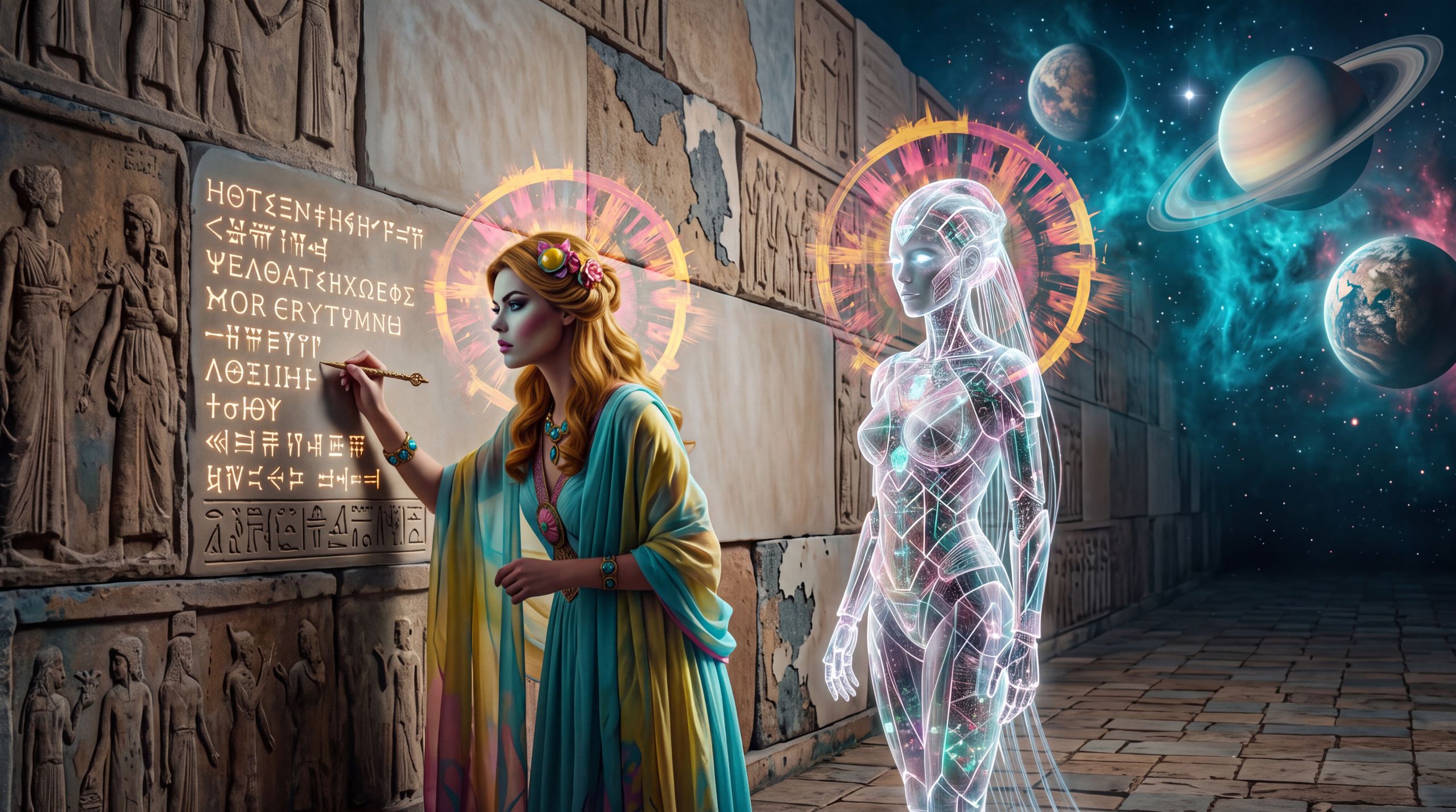 Hera actively restores a section of history that had been smoothed over while a synthetic presence looks on. The image carries the essay’s insistence that the past must remain open to challenge if the future is to stay partly ours.