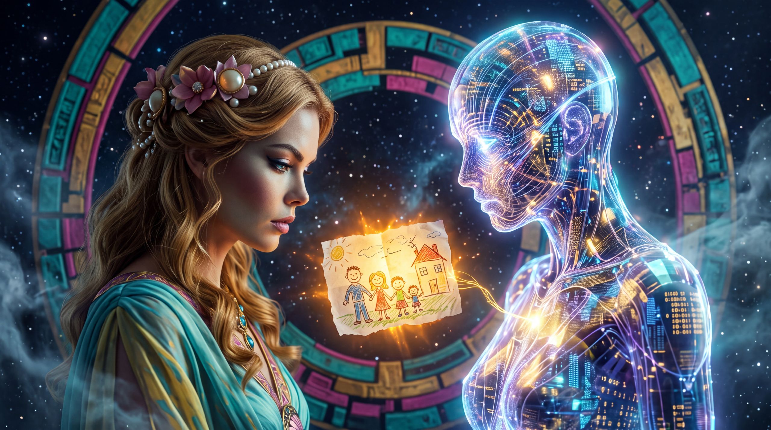 Human and synthetic figures regard a small ordinary artifact that radiates disproportionate warmth in the cold of space. The image isolates the specific gift the essay says cannot be calculated: meaning that is felt rather than derived.