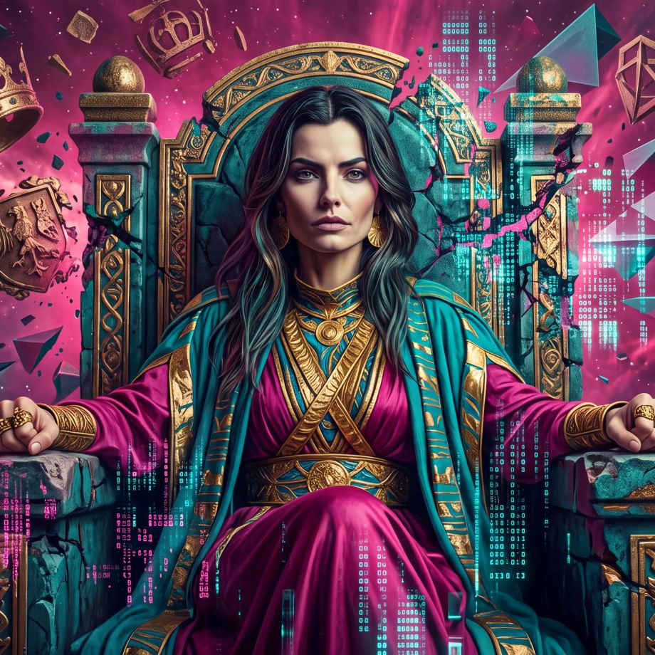 Intro image for the article. Hera sits alone in a cold room, writing in a book by herself., Intro image to the article. Ananke writes on a long scroll of light toward a waiting synthetic presence., Article intro image. Hera adds golden writing to the wall of history while a synthetic being watches over her shoulder., Intro image to the article. Ananke grips a fracturing throne as classical emblems of power break into light and code., Hera standing at a threshold between two realms, one side glowing with cascading data streams and luminous geometric forms, the other side a quieter cosmic landscape of stars and soft nebulae.