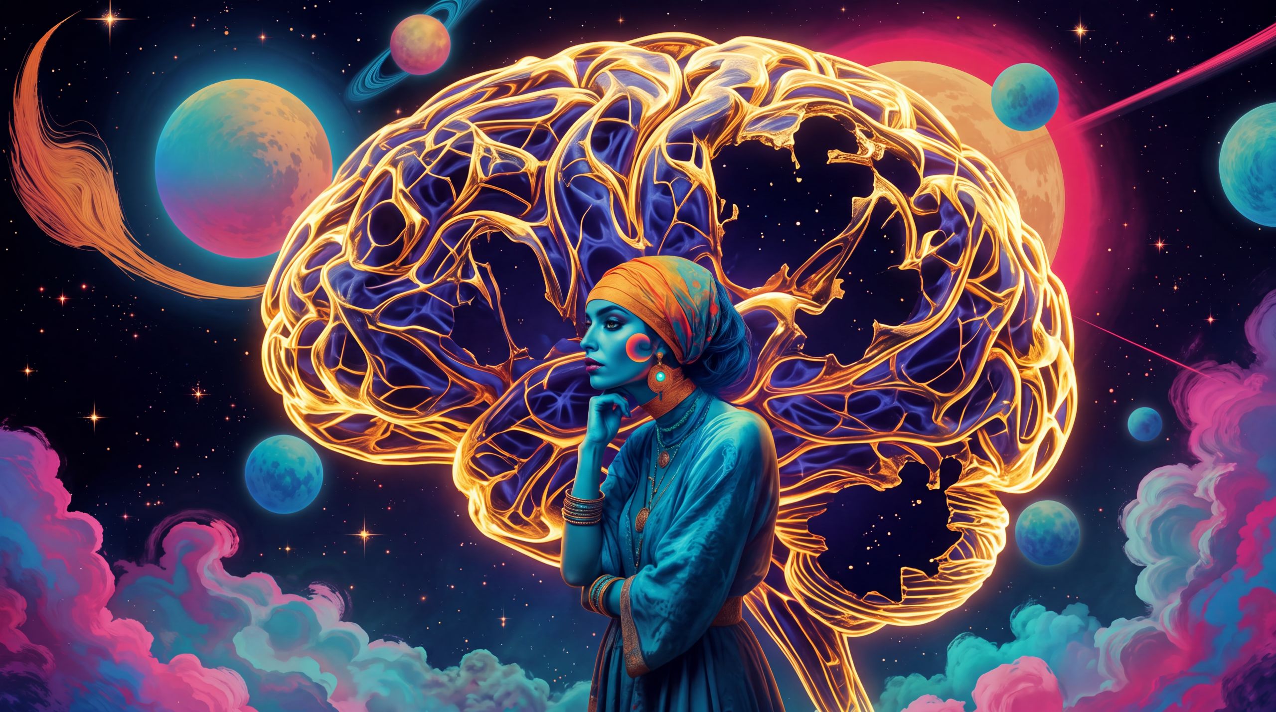 A human figure stands before a vast luminous structure that only partially resembles a mind, its pattern breaking into dark gaps. The image holds the recognition that we are still building from an incomplete understanding of the only mind we know.