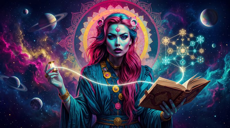 Hera standing at a threshold between two realms, one side glowing with cascading data streams and luminous geometric forms, the other side a quieter cosmic landscape of stars and soft nebulae.