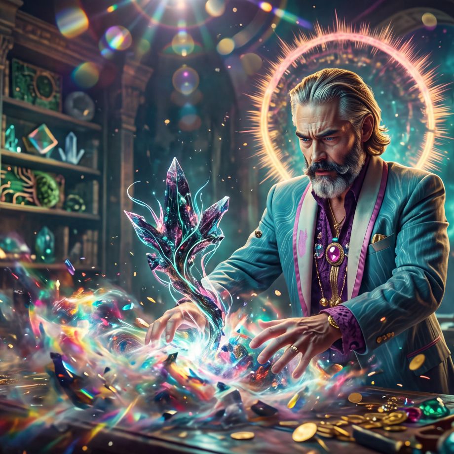 Into image to article. Zeus in his cosmic workshop creating synthetic knowledge., Stevie Pearl wearing a cyan top with a pink dress. She's standing in a field with pink and blue sky behind her., A beautiful, young blonde woman sitting on the beach in a white cardigan. Golden hour. Close up, candid.