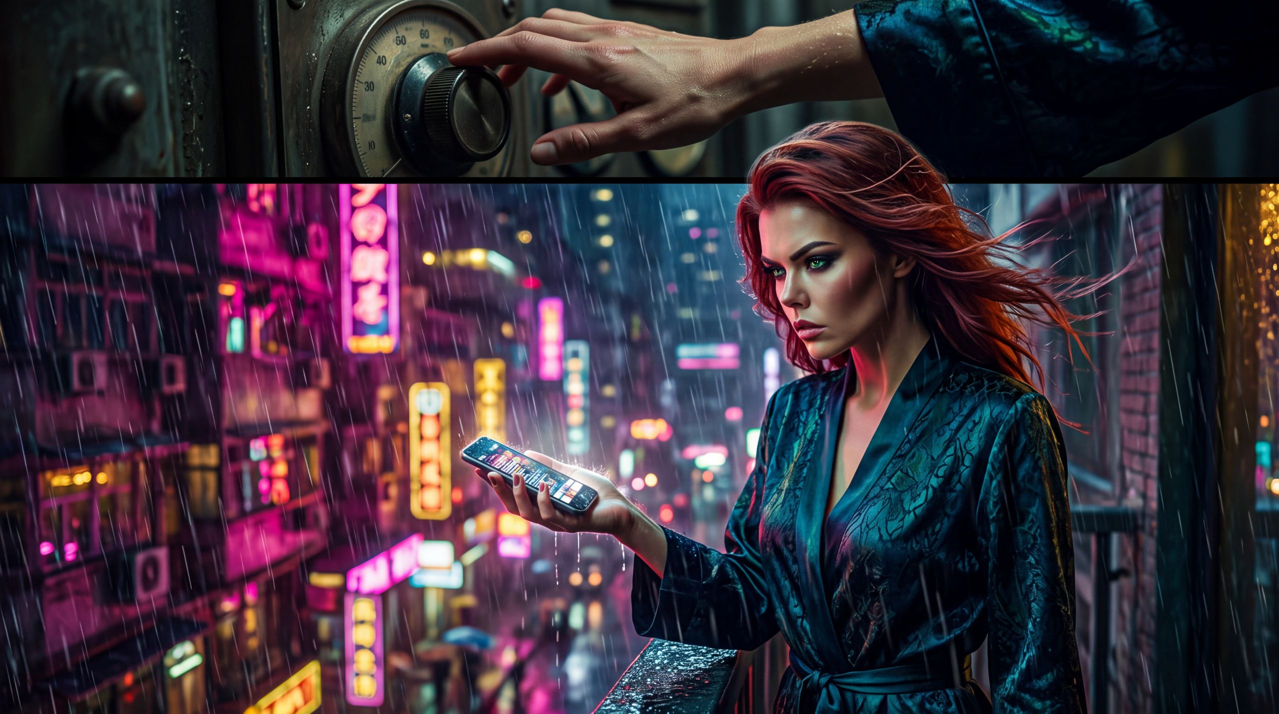 A woman on a rain-dark balcony holds a phone in an open hand, about to choose, her mouth set with a lifetime she did not leave outside. Below her the city burns magenta and gold. One floor up, another hand rests on a vast dim dial, the same kind of decision at another scale. She does not look up. The belief is that conduct is the only control she actually has, and that the builders hold the same kind one floor above her. The desire is unresolved in the palm: a finished kindness, or a call. The emotion is tired wanting, not neutrality, and the sense that the lever is not small.