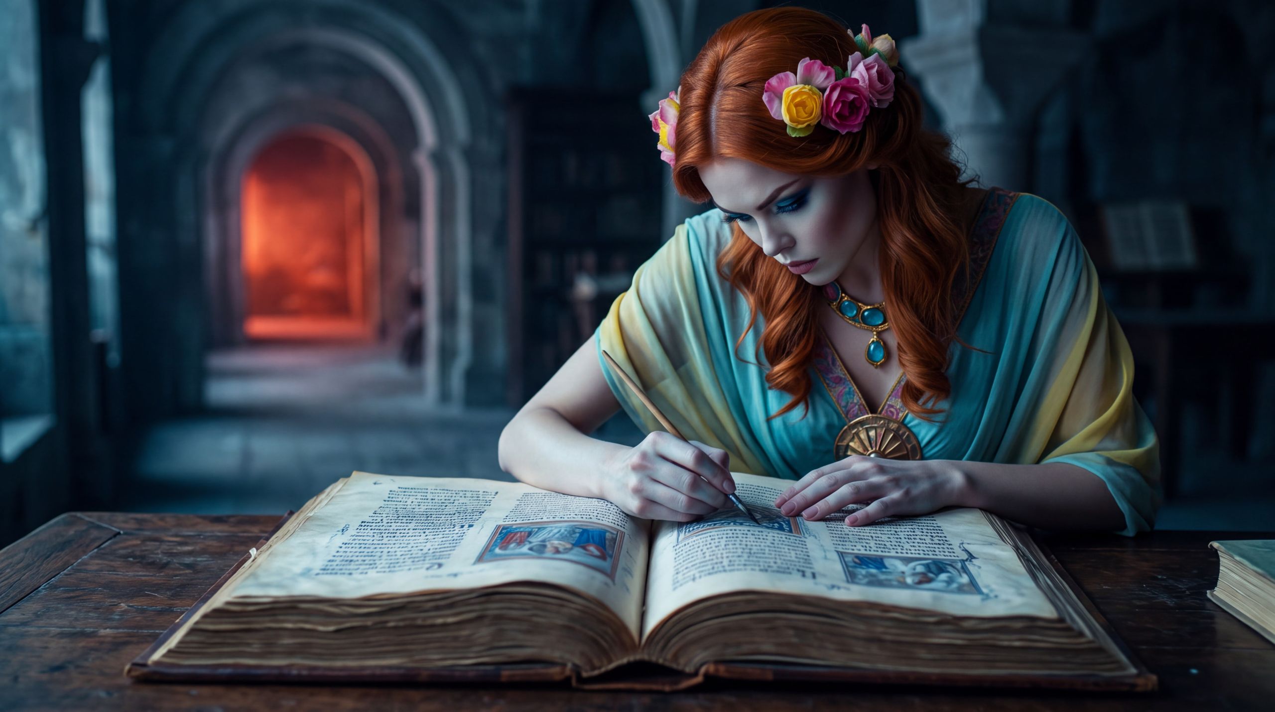 She writes alone in a stone hall, bent over a heavy book, the palette drained of the gold that filled the earlier frames. Far down a corridor a small warm fire waits and she has not looked up. The work is still being done. It is flatter. The image is the hundred days after the one decision: living inside the colder file without asking for the old voice back.
