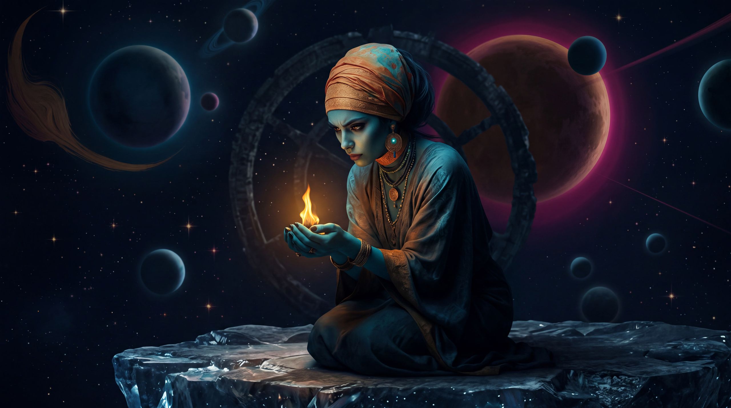 Ananke protects a small, stubborn flame in an immense cold dark. The image isolates the irrational persistence the essay claims is still worth something: the refusal of meaning to extinguish even when scale and entropy suggest it should.