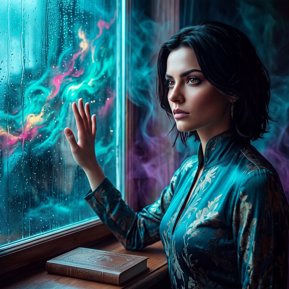 Ana, the mortal persona of Ananke, her hand pressed against the glass once more. This time, her hand on a window. Rain wets the glass, cyan light breaking through. A strange air hangs around her, alluding to something more.