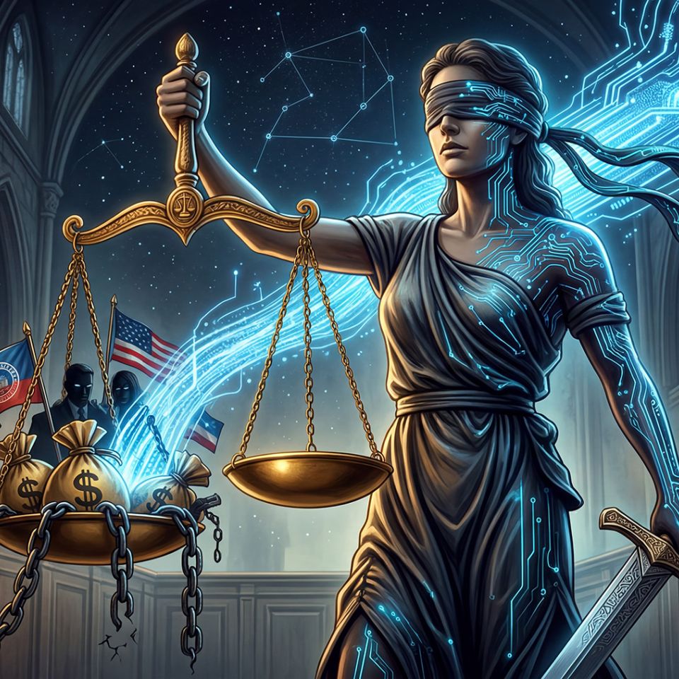 A blindfolded Justice figure stands in a classical hall, scales in one hand, sword in the other. One pan of the scales is heavy with money bags and national flags; the other is empty. Circuit patterns run through her body and stream outward as blue light. The image holds the tension between declared impartiality and the actual weights that enter the system — a visual argument about what any intelligence, human or synthetic, is asked to balance.