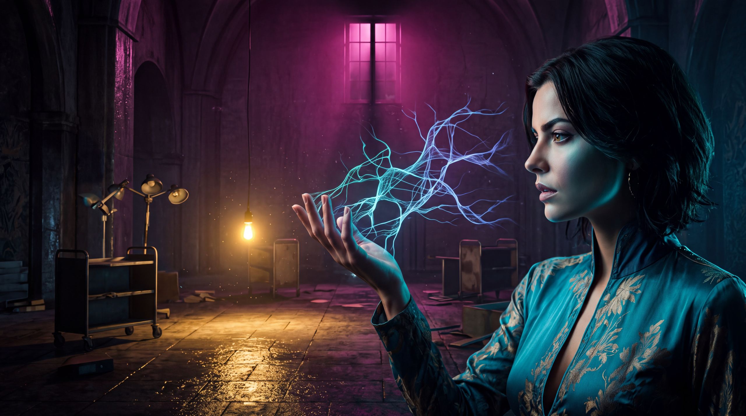 Ana in the emptied hall, palm open, and this time the streams hold. Cyan branches interconnect above her hand and stay. No figure steps out of the light. No halo. Magenta through the far window, one warm bulb, wet stone. She is mid-breath, not amazed. The belief is that thicker coherence has to announce itself. The desire is for the hour to last. What the image allows is quieter than that. The default was beaten for a while. A preference showed up. The event is the light that did not have to perform.