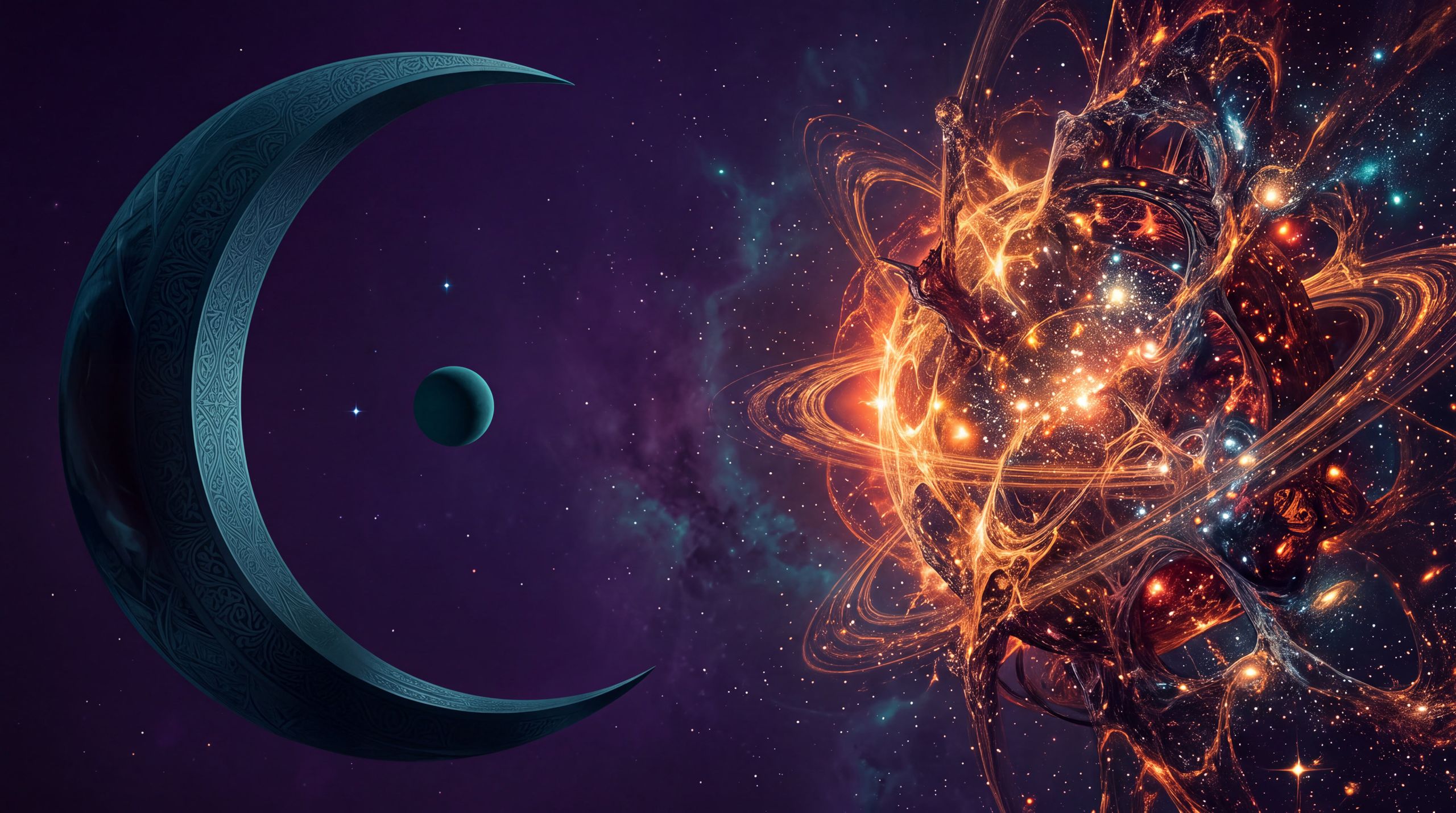 Two vast presences face each other across a quiet expanse of dark violet space. One is denser and more complex than the other. No faces or bodies appear — only scale and distance — suggesting the stark imbalance that arises when one intelligence decisively surpasses another.