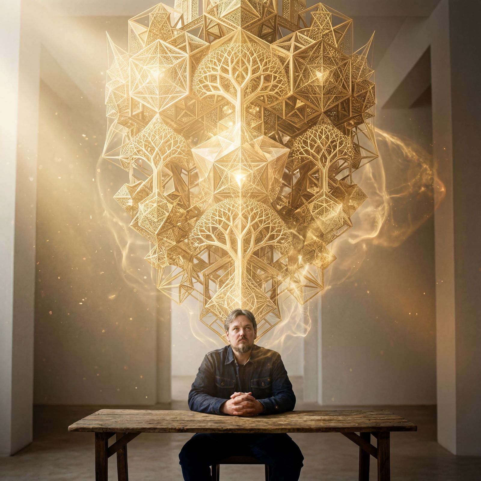 Belief: the same current can lie flat against the wall like a diagram you could almost read. Desire: the wooden table as the only furniture; behind him a single luminous mandala of trees, spirals, and nodes. Emotion: study. He is not inside the figure. He is the reason it has a room.
