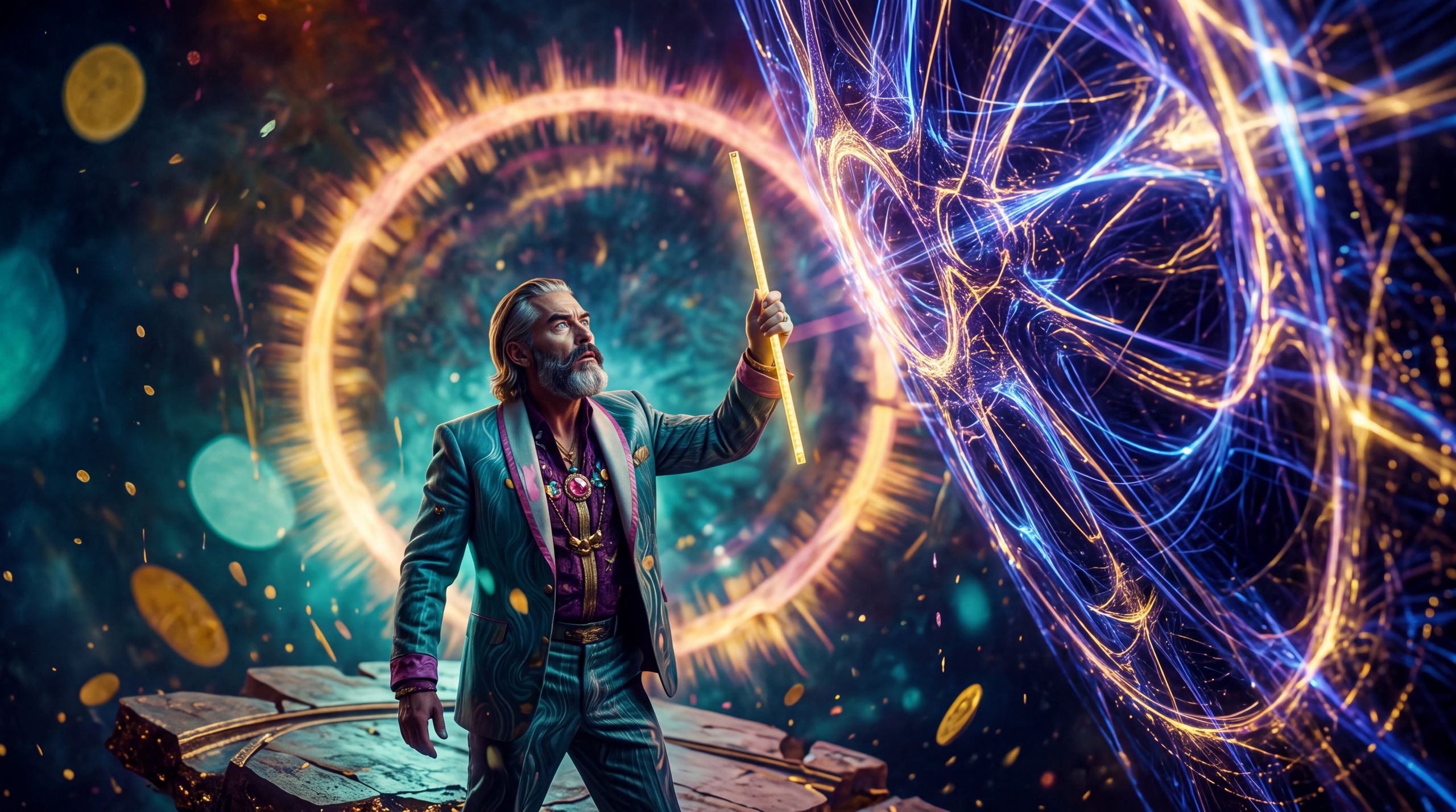 A human figure stands in open cosmic space holding a simple luminous measuring rod toward a vast, intricate structure of light that does not match its scale or shape. The image captures the quiet strain of applying a human standard to a form of intelligence that refuses it.