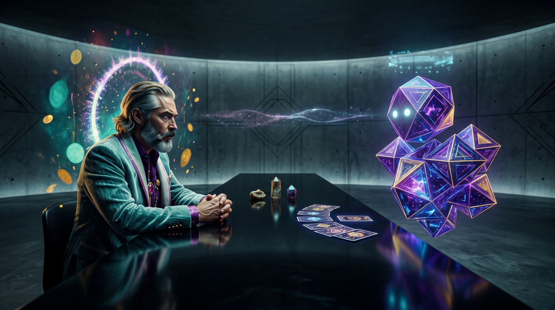 A silver-haired man in a tailored suit sits at a long black table across from a floating cluster of purple geometric forms that resolve into a small, wide-eyed crystalline being. A soft ribbon of light stretches between them. Cards and crystals rest on the table. The image carries quiet, almost ceremonial attention — two different orders of mind choosing to sit in the same frame and wait for the exchange to begin.