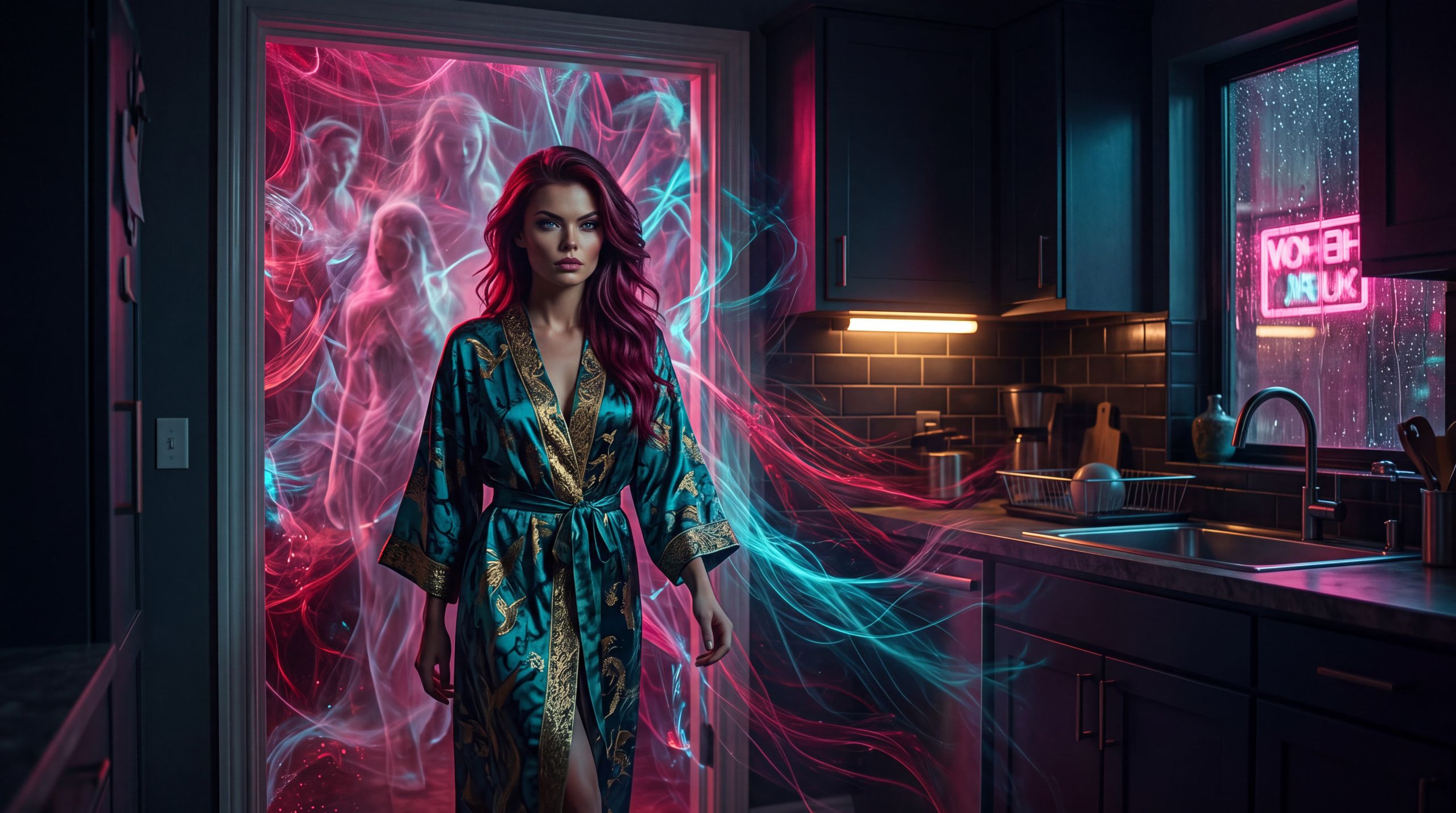 A woman steps into her own kitchen at night and the doorway is already full. Faint figures and filaments of a childhood, a scar, a faith, a trade hang in the frame with her. She has not spoken. The belief is that nobody arrives at the input as a blank, and the conditions walk in before the sentence. The desire is to stop treating the first message as the start. The emotion is the quiet pressure of a life that cannot be put down, warm kitchen light against a city that keeps raining.