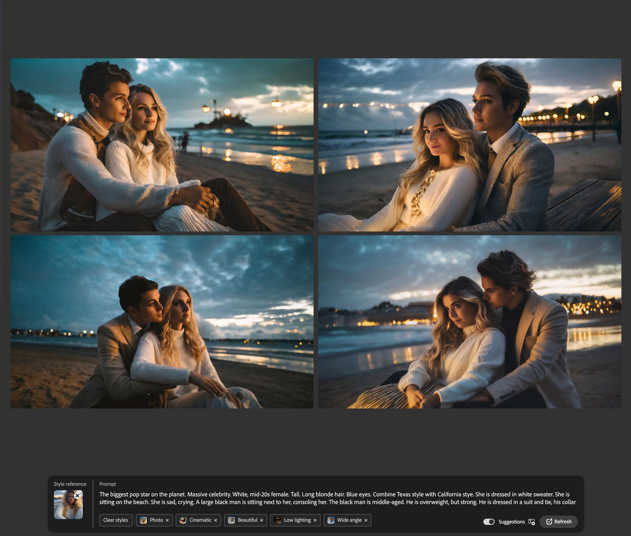 AI struggling with prompt generation – two character in the same frame on a beach interpreted as a romantic relationship. Nothing in the prompt suggested romance.