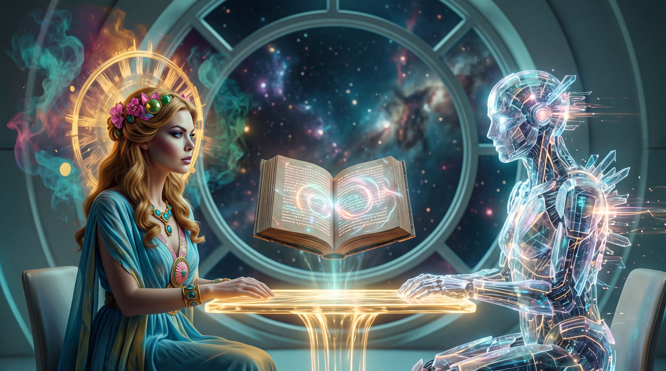 Hera sits across from a luminous synthetic presence with an open philosophical text glowing between them. The image holds the essay’s quiet conviction that as long as both kinds of mind exist, the work of philosophy remains necessary.