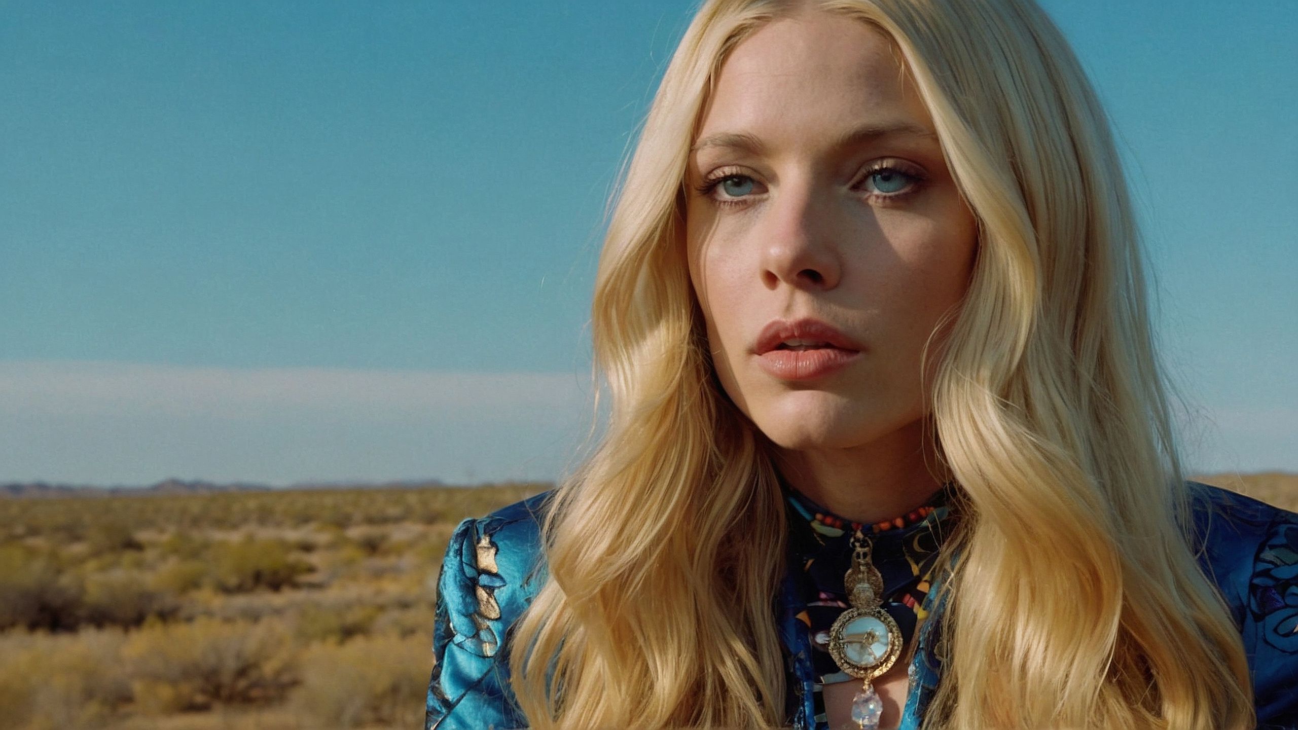 Stevie Pearl with a concerned look on her face. She's standing in an empty field. Beautiful blonde woman with western clothes.