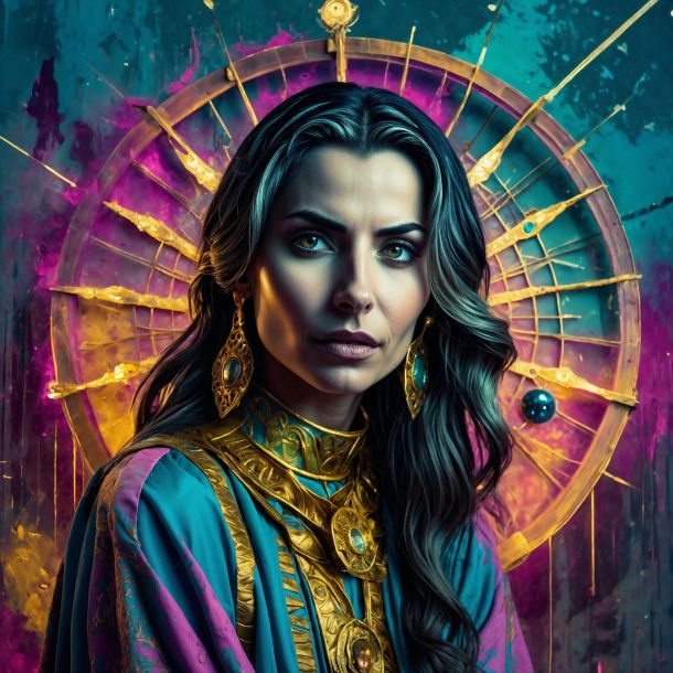 Belief: the same face can take on office without becoming a costume. Desire: to keep her eyes and mouth while the field behind her turns into a living sun. Emotion: held voltage — teal and gold at the collar, a painted flare at her back, the look unchanged. She has stepped out of the headshot and not yet into orbit. This is the hinge.