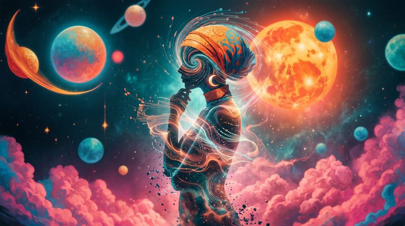 Intro image for the article, AI and the Technological Singularity. Silhouette of Ananke, composed of flesh and data standing among the cosmos.
