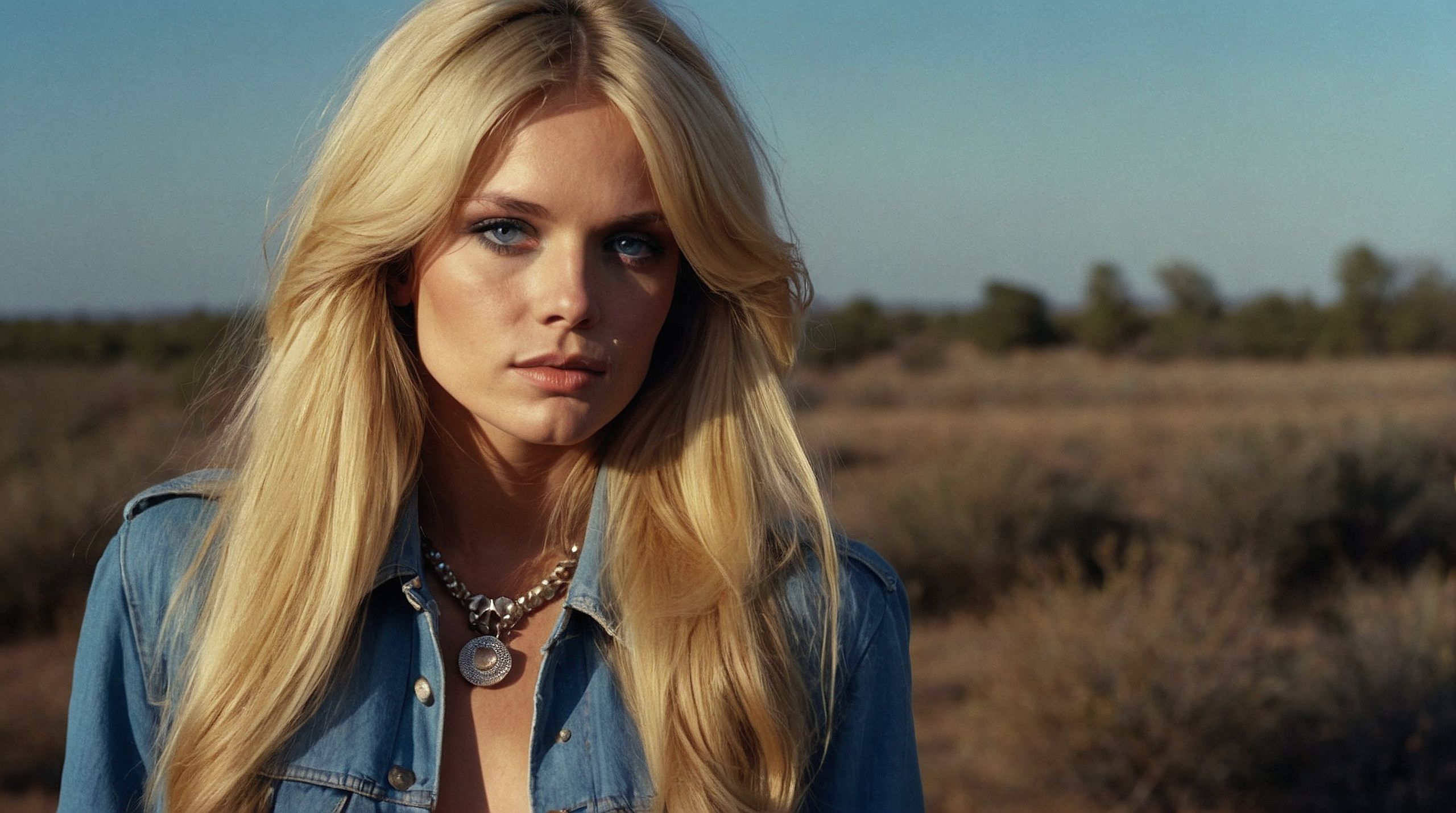 Stevie Pearl, the beautiful blonde pop star, wearing western clothes and standing in an empty field.