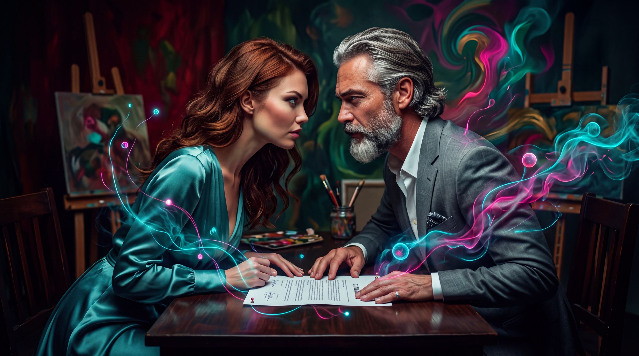 A woman and a man sit across a printing table at night, paper unrolled between them, rain on the glass behind. They are looking at each other, not at the work. The feeling is closeness that has learned it will be metered — an exchange still happening, already being priced.