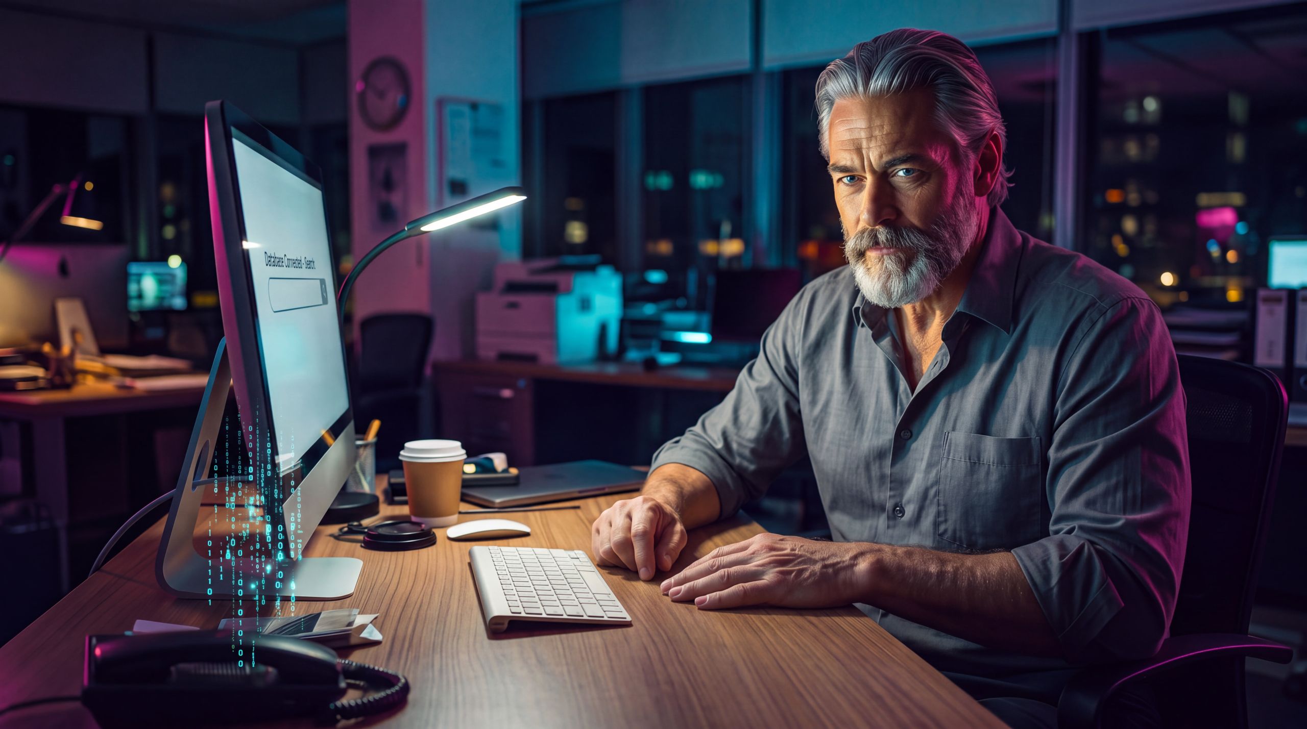 A man in front of a simple query screen, hands not on the keys. The database is already behind the glass. He is finished waiting for a technical excuse. The emotion is flat competence. The reconstruction that took years is now a search. The remaining problem is only whether anyone is allowed to look.