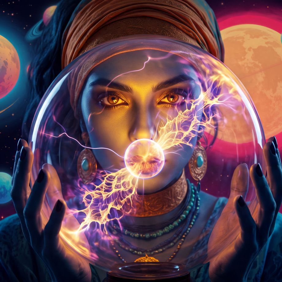 Intro image to article. Ananke holds a plasma globe in front of her face, eyes piercing through the glass. Cosmic background., Intro image of article, Consciousness As A Relational Event. Ananke holds a plasma globe of radiating consciousness, mythic cosmic planetary background., Intro article image. Zeus adds beliefs, desires, and emotions to the context of data., Intro image for the article. Zeus holds a glowing node of information. Brilliant halo ring behind him., Article intro image. Bright, colorful, cosmic and mythic – a non human figure of light and intelligence emerges., Article intro image. Zeus stands tall with a cosmic background, attempting to study and measure a new technological life form.
