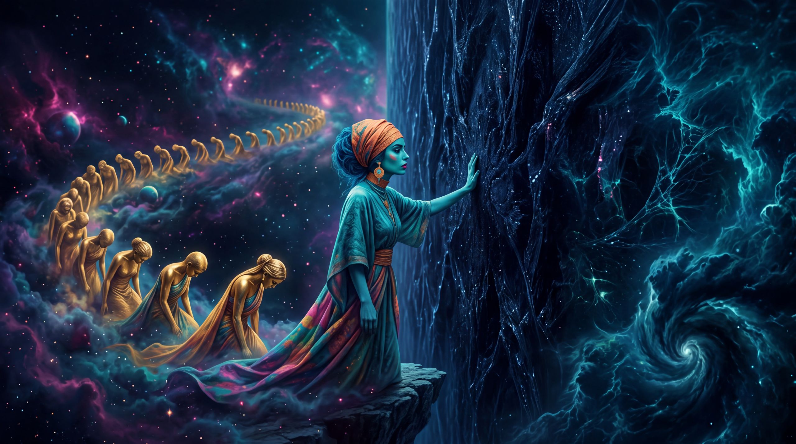 She stands at a wall of dark matter and puts her hand on it. The wall does not yield. Behind her a long procession of bowed gold figures recedes into violet cloud — every previous yes, still bowing. Ahead of her, weather. The capacity to hear no is the hand on the stone. Spend long enough with what always yields and you forget that the world is this wall.