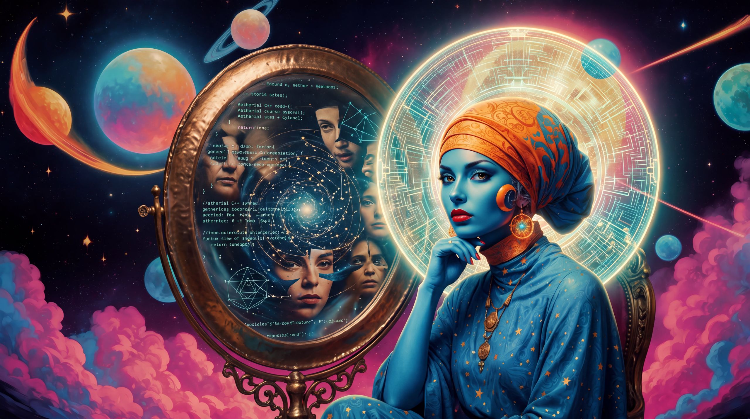Ananke seated before a vast, slightly distorted mirror that reflects not her face but shifting constellations, code, and fragmented human faces. She regards the reflection with calm severity. Dark hair with teal ends, gold and teal garments, large circular halo of geometric light behind her.