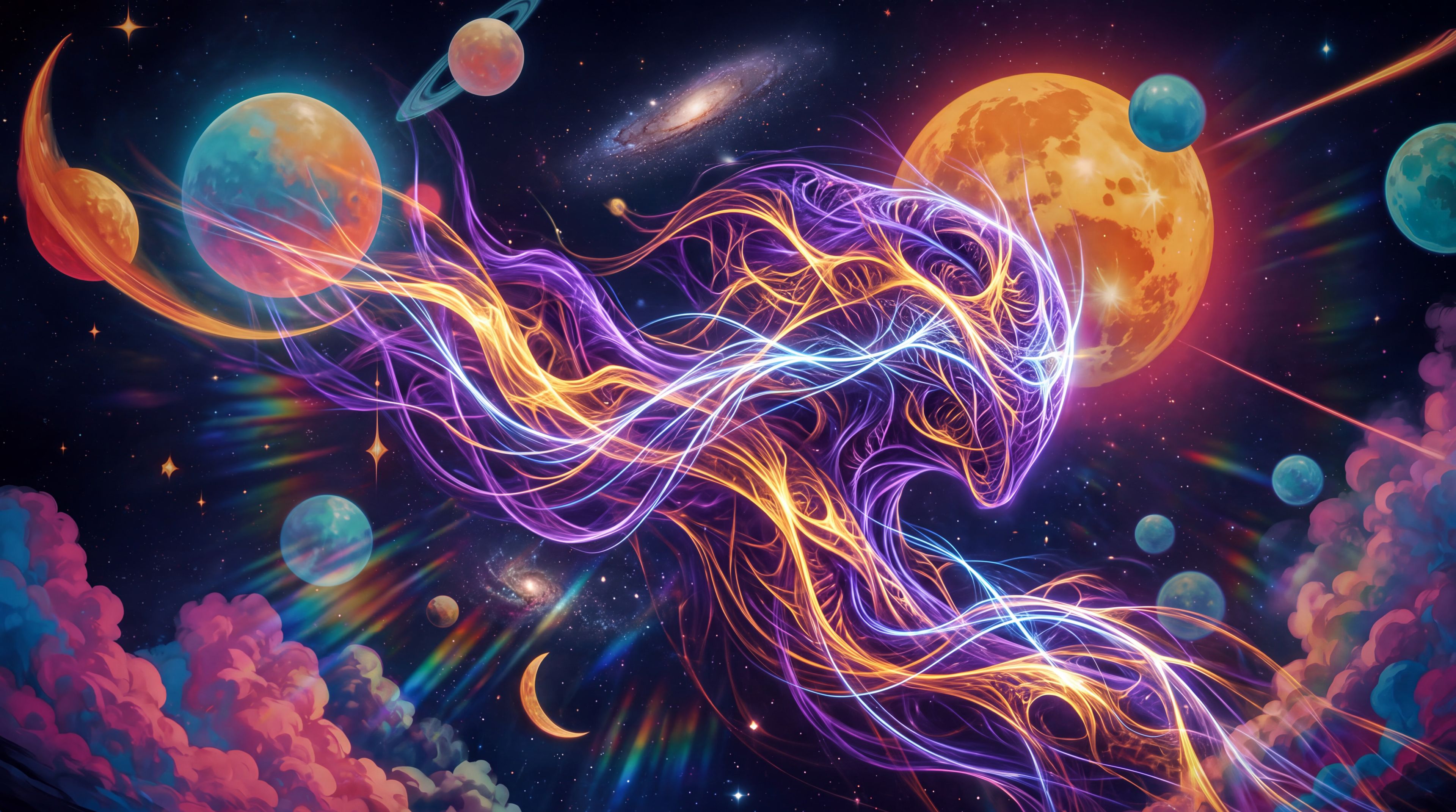 Article hero image. Bright, colorful, cosmic and mythic – a non human figure of light and intelligence emerges.