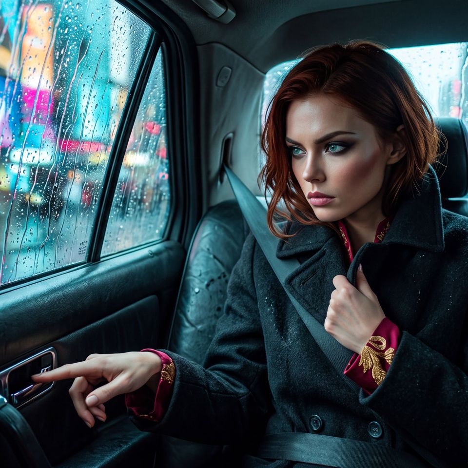 Pom, the mortal persona of Hera, looks out a car window. There is an entire world swirling behind her eyes, a mind focused on a thought beyond this realm. Still, she waits. Finger on the level.