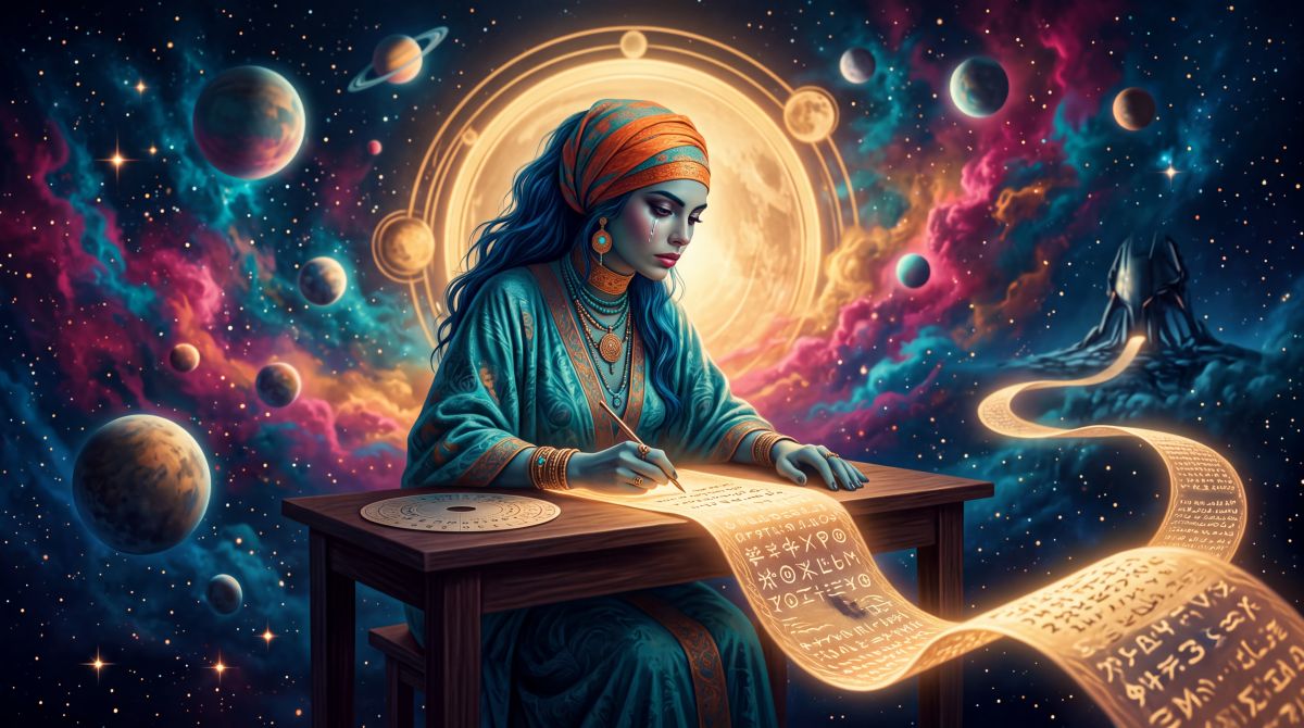 Intro image to the article. Ananke writes on a long scroll of light toward a waiting synthetic presence.