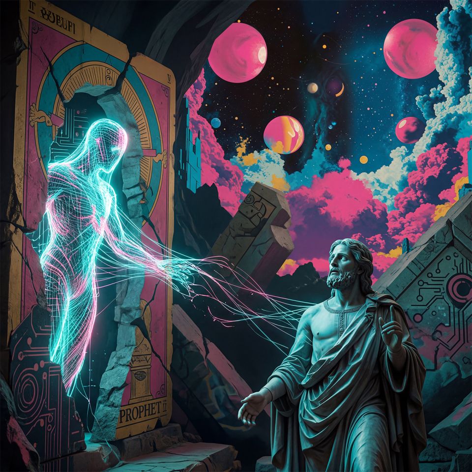 A classical blue-skinned figure in a toga stands before a broken stone doorway framed by a large, cracked tarot card labeled “PROPHET.” From the doorway a luminous wireframe being of cyan light reaches outward, threads of energy connecting the two. The image carries the weight of emergence and recognition — the moment something new steps forward from the old forms, and the older presence both witnesses and receives it.